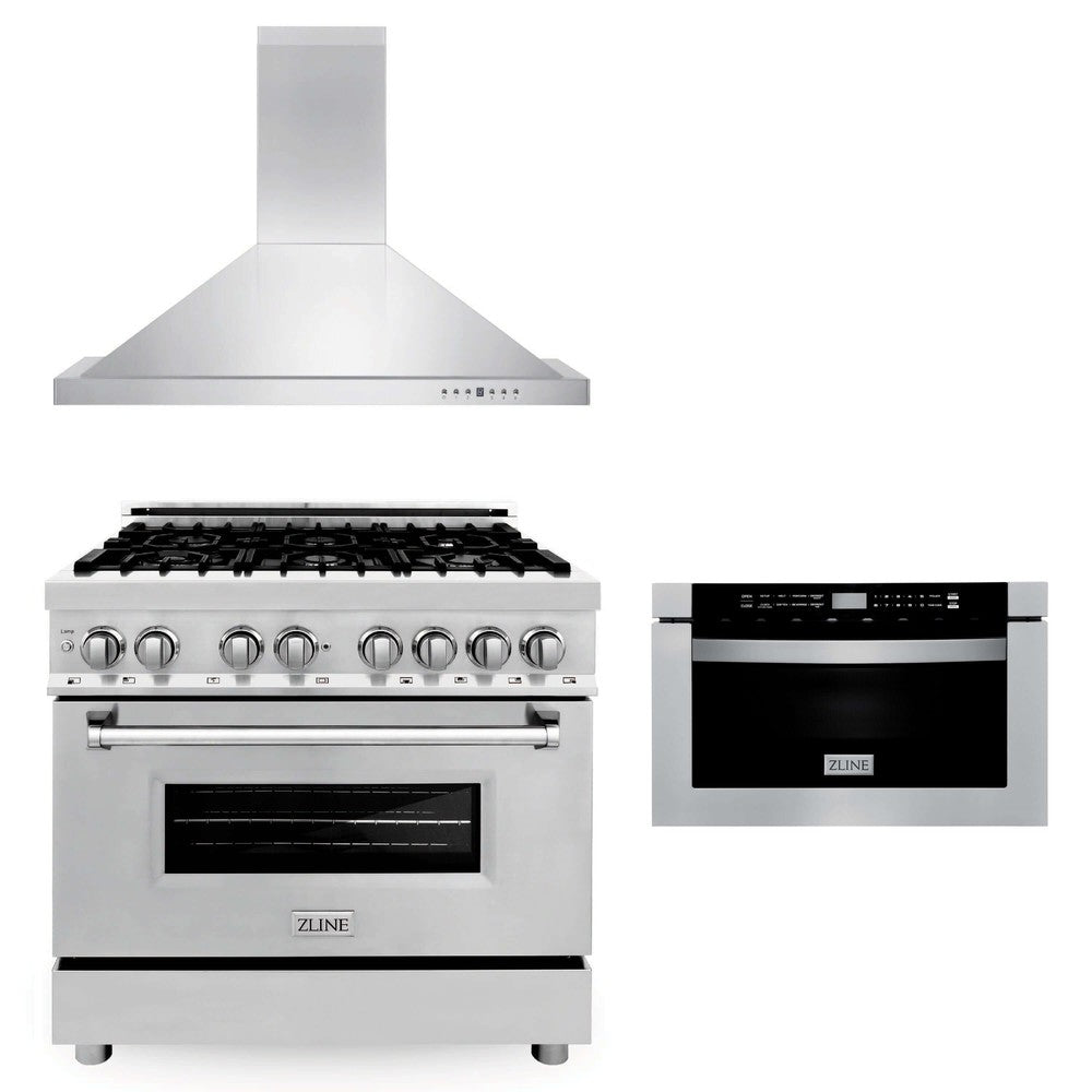 ZLINE 36 in. Kitchen Package with Stainless Steel Dual Fuel Range, Convertible Vent Range Hood and Microwave Drawer (3KP-RARH36-MW)