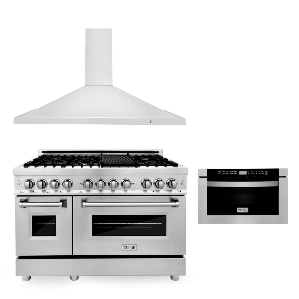 ZLINE 48 in. Kitchen Package with Stainless Steel Dual Fuel Range, Convertible Vent Range Hood and Microwave Drawer (3KP-RARH48-MW)