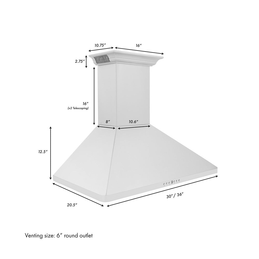 ZLINE Wall Mount Range Hood in Stainless Steel with Built-in ZLINE CrownSound Bluetooth Speakers (KF1CRN-BT) dimensional diagram and measurements.