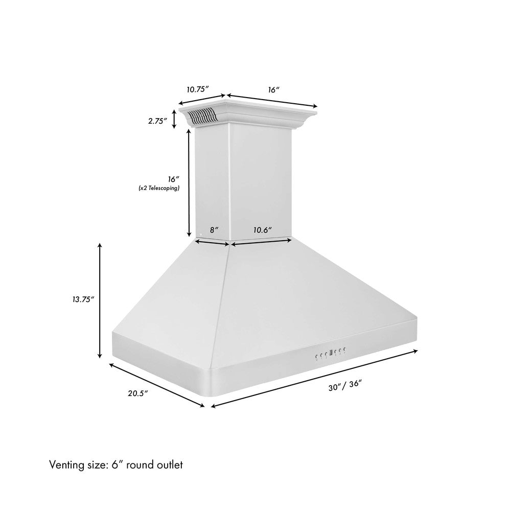 ZLINE 30 in. Wall Mount Range Hood in Stainless Steel with Built-in ZLINE CrownSound Bluetooth Speakers (KF2CRN-BT) dimensional diagram and measurements.
