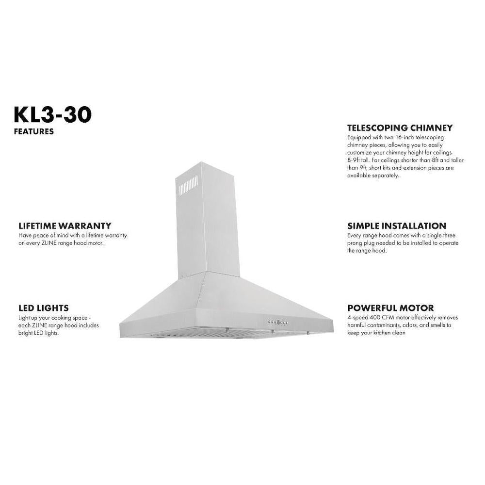 KL3-30 features lifetime warranty, LED lights, telescoping chimney, simple installation, and powerful motor.