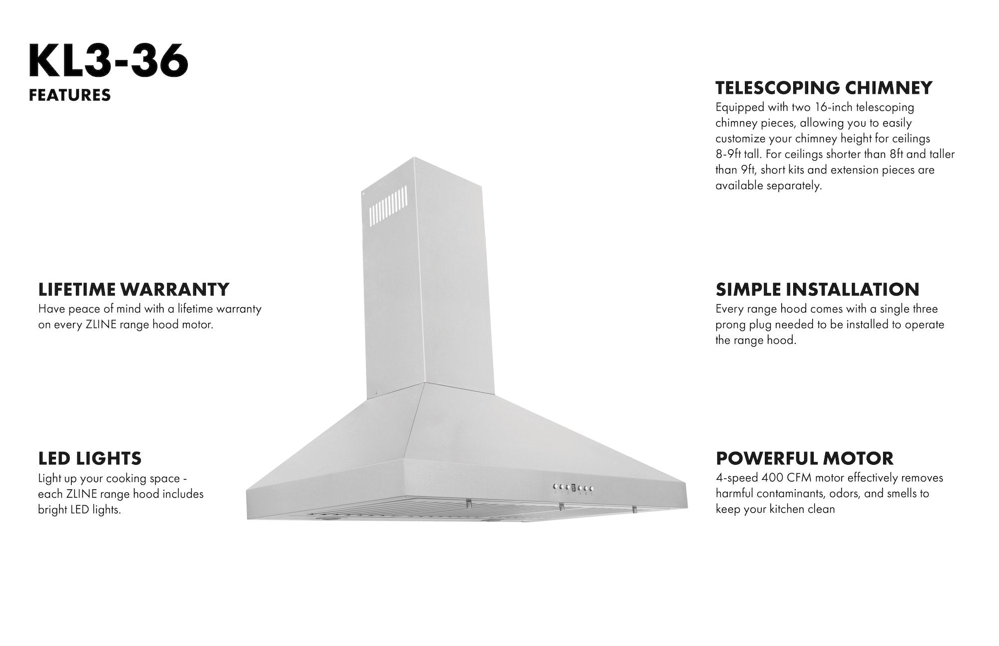 KL3-36 features lifetime warranty, LED lights, telescoping chimney, simple installation, and powerful motor.