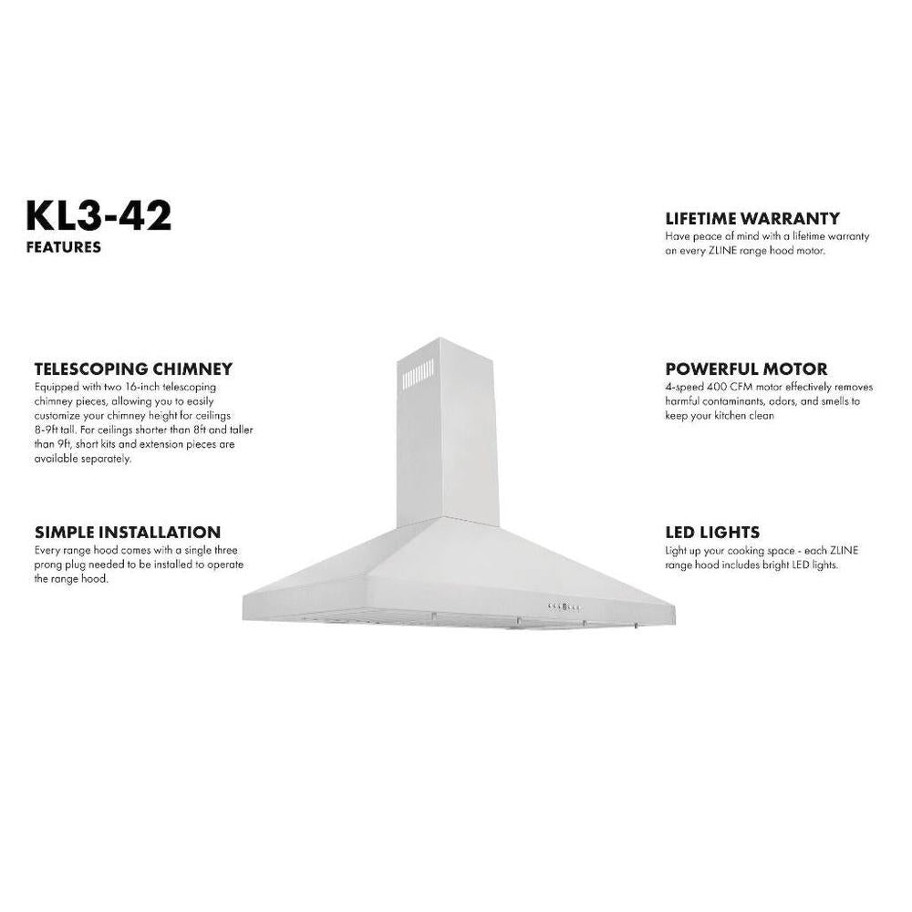 KL3-42 features lifetime warranty, LED lights, telescoping chimney, simple installation, and powerful motor.