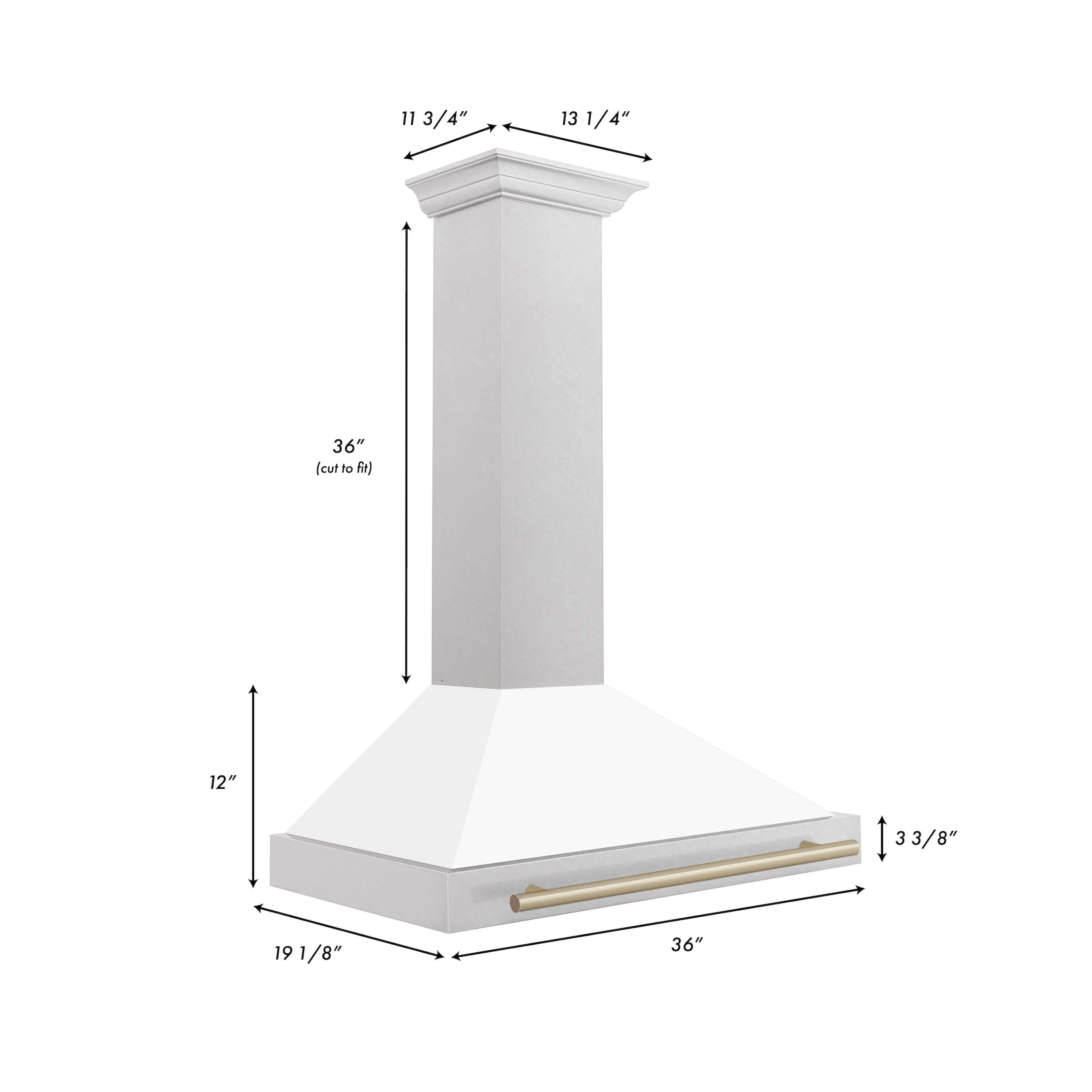 ZLINE 36 in. Autograph Edition in Fingerprint Resistant Stainless Steel Range Hood with White Matte Shell with Champagne Bronze Handle Dimensions