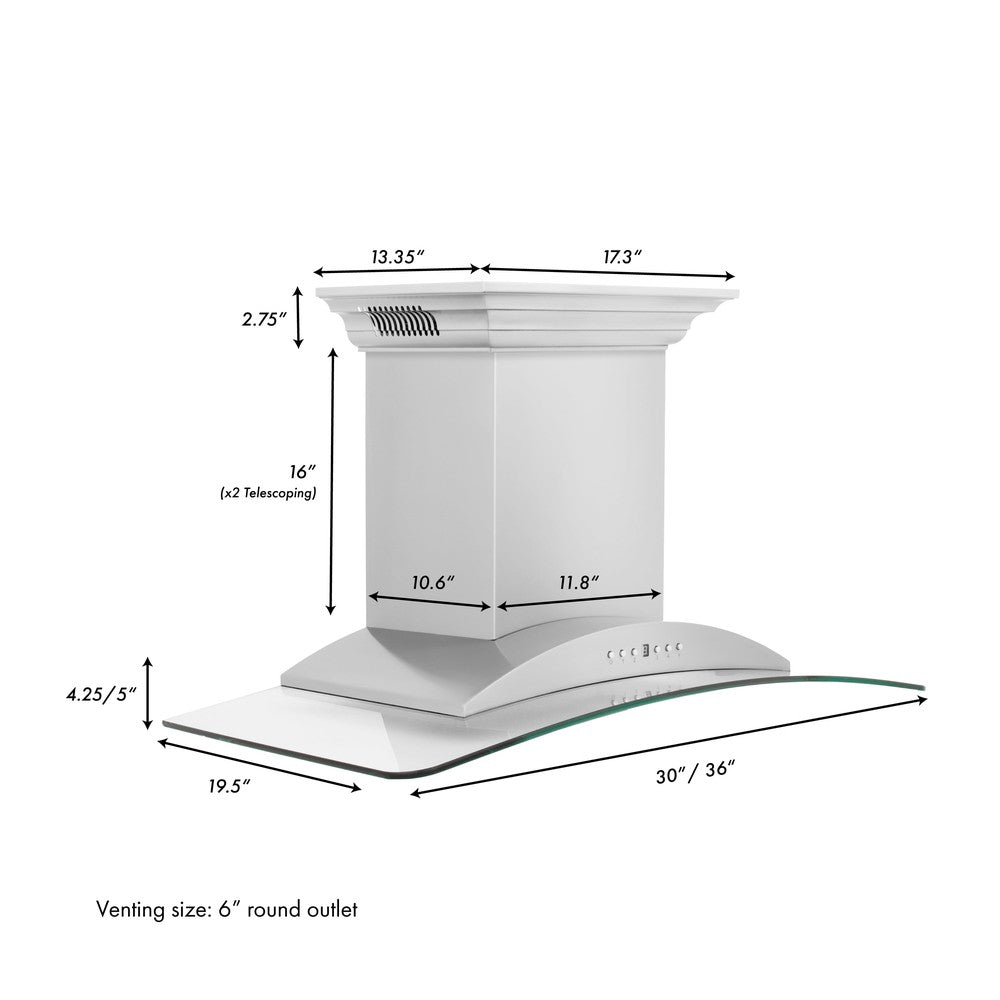 ZLINE Ducted Vent Wall Mount Range Hood in Stainless Steel with Built-in ZLINE CrownSound Bluetooth Speakers (KNCRN-BT) dimensional diagram and measurements.