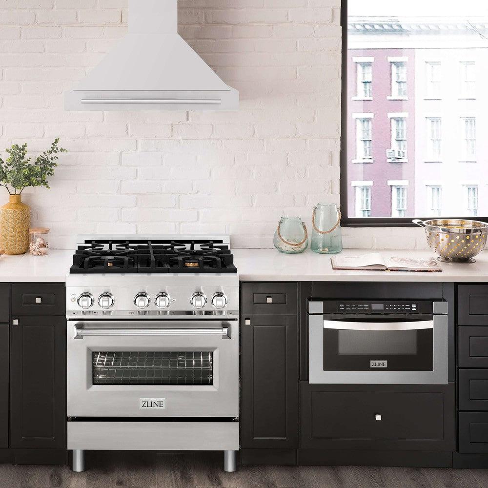 ZLINE 30 in. Stainless Steel Range Hood with Stainless Steel Handle and Colored Shell Options (KB4STX-30) in modern luxury apartment kitchen above matching range.