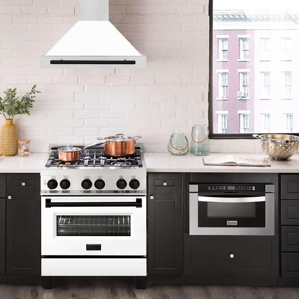 ZLINE Autograph Edition 30 in. Stainless Steel Range Hood with White Matte Shell and Accents (KB4STZ-WM30) in modern luxury apartment kitchen above matching range.