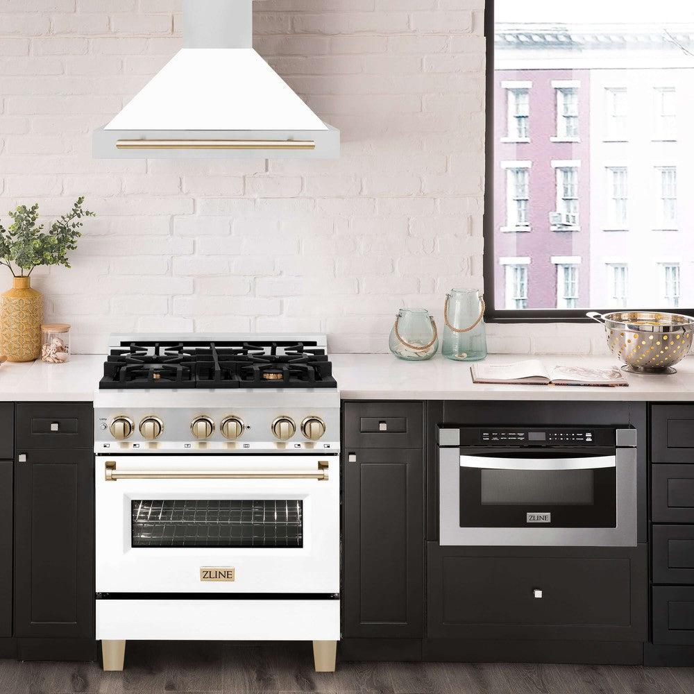 ZLINE Autograph Edition 30 in. Stainless Steel Range Hood with White Matte Shell and Accents (KB4STZ-WM30) in modern luxury apartment kitchen above matching range.