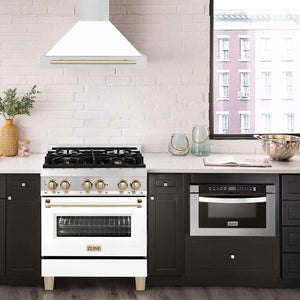 ZLINE Autograph Edition 30 in. Stainless Steel Range Hood with White Matte Shell and Accents (KB4STZ-WM30) in modern luxury apartment kitchen above matching range.