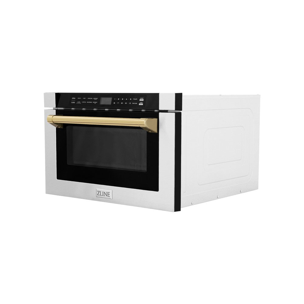 ZLINE Autograph Edition 24 in. 1.2 cu. ft. Built-in Microwave Drawer with a Traditional Handle in Stainless Steel and Gold Accents (MWDZ-1-H-G) Side View Drawer Closed