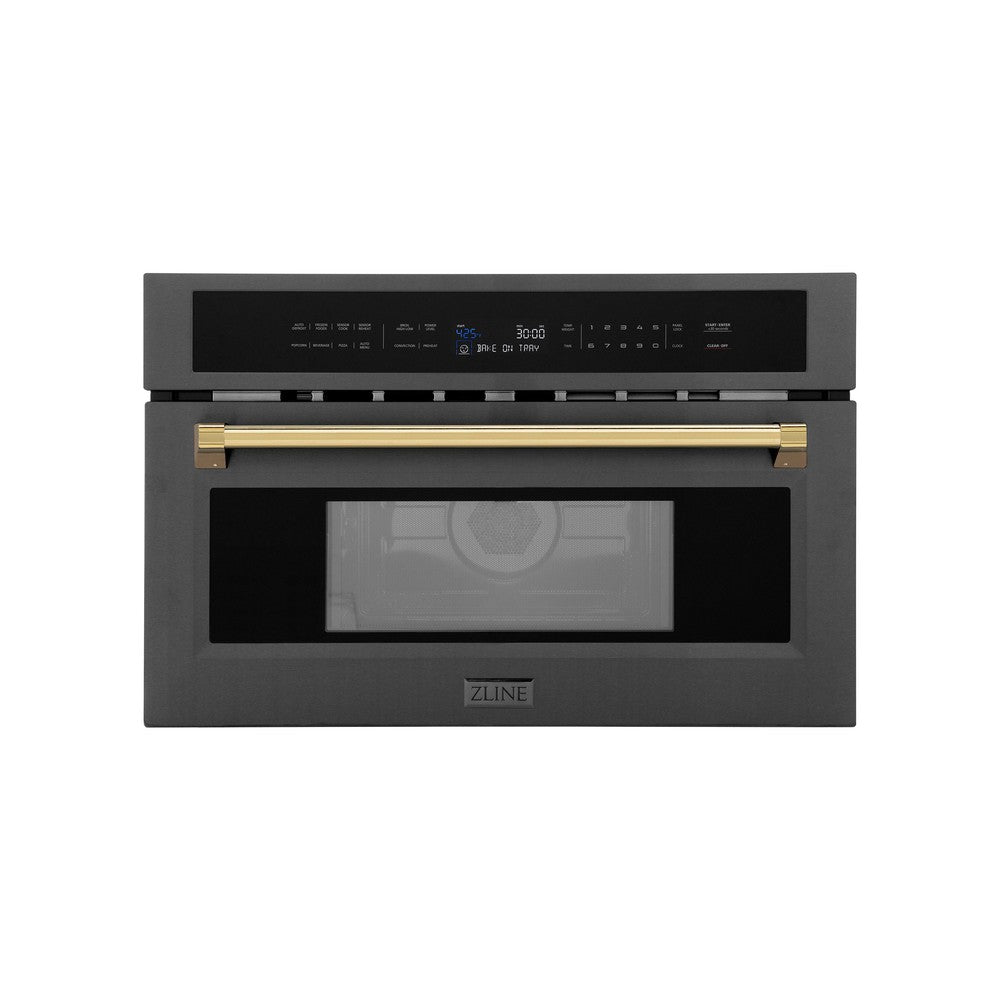 ZLINE Autograph Edition 30 in. 1.6 cu ft. Built-in Convection Microwave Oven in Black Stainless Steel with Polished Gold Accents (MWOZ-30-BS-G) front, closed.