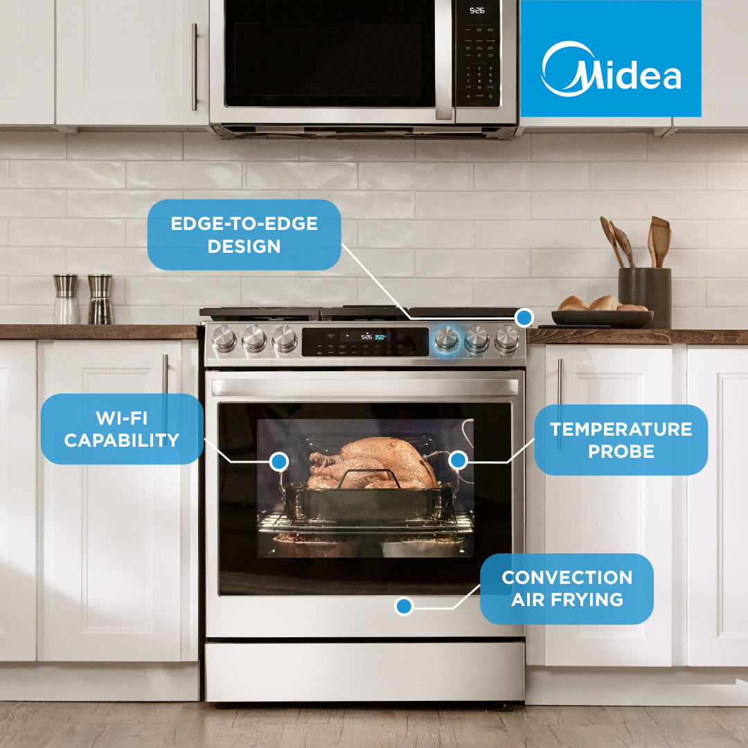 Midea 30 in. Electric Range with 5 Element Stove and Wi-Fi Connectivity and Fan Convection in Stainless Steel (MES30S2AST)