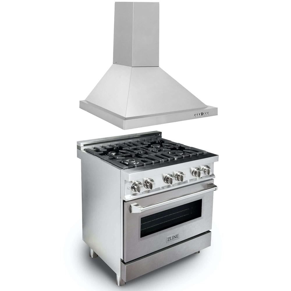 ZLINE 30 in. Kitchen Package with Satin Stainless Steel Dual Fuel Range and Convertible Vent Range Hood (2KP-RASNRH30)