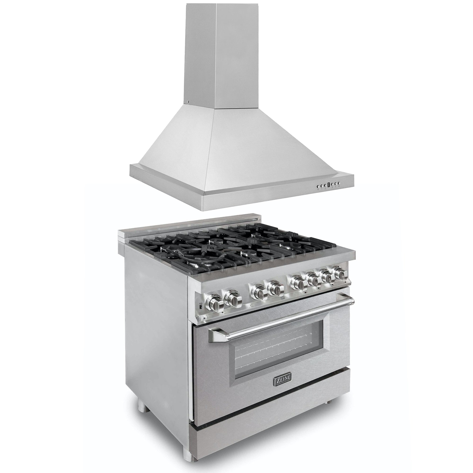 ZLINE 36 in. Kitchen Package with Stainless Steel Dual Fuel Range with DuraSnow® Door and Convertible Vent Range Hood (2KP-RASNRH36) 