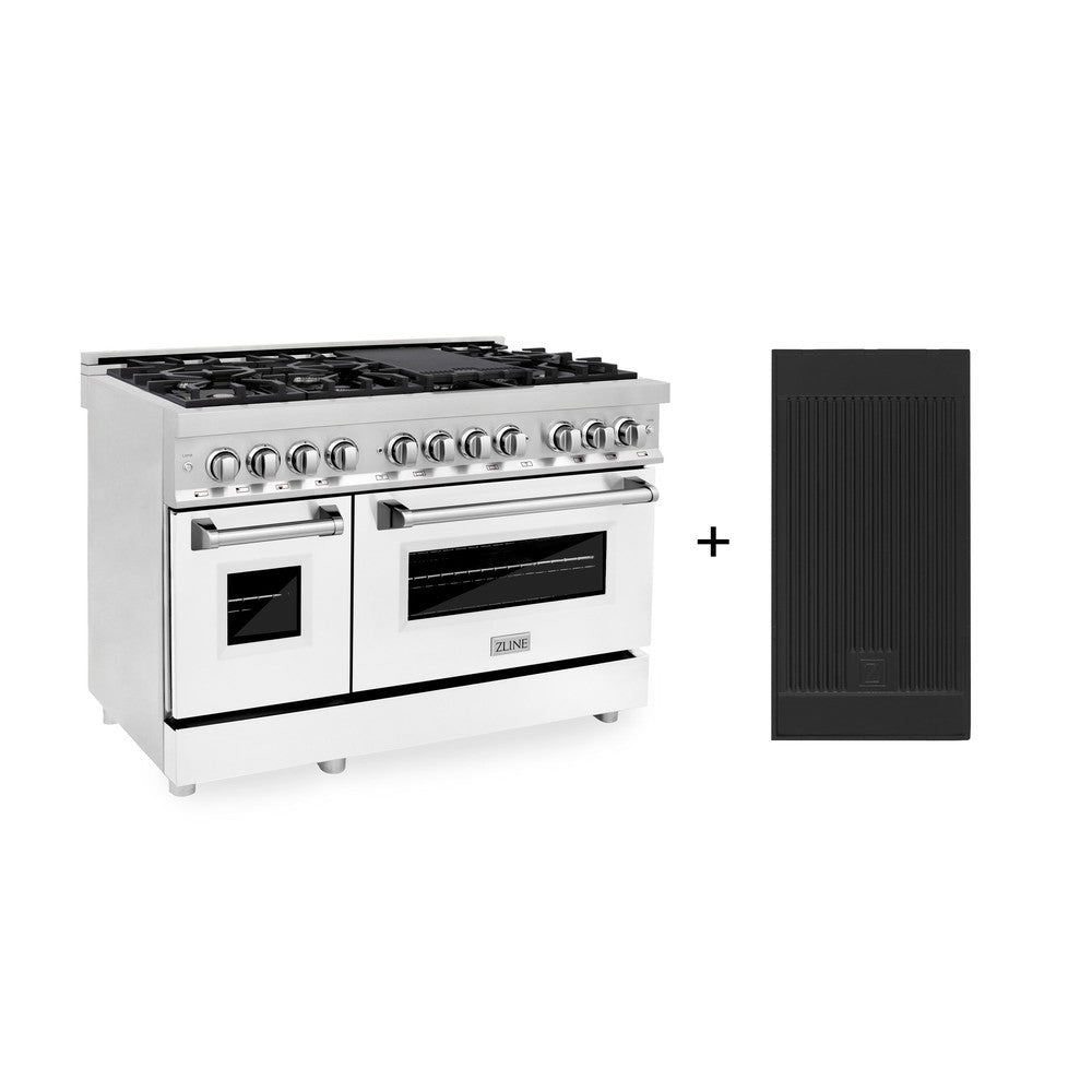 ZLINE 48 in. 6.0 cu. ft. Legacy Dual Fuel Range with 7 Burner Gas Cooktop and 2 Electric Ovens in Stainless Steel with Griddle and White Matte Doors (RA-WM-GR-48) main image.