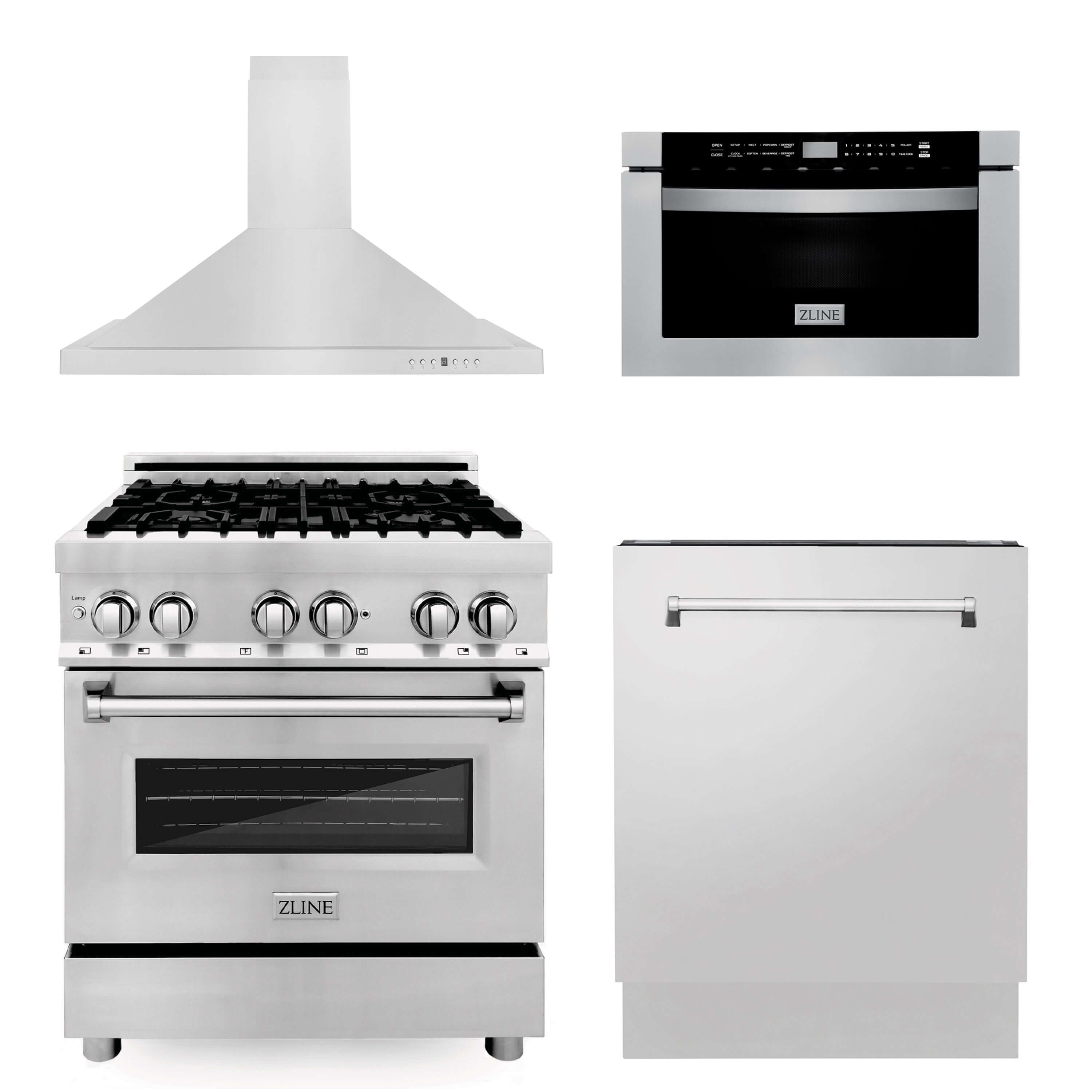 ZLINE 30 in. 4 Piece Kitchen Package with Stainless Steel Dual Fuel Range, Range Hood, Microwave Drawer and Classic Dishwasher (4KP-RARH30-MWDW)