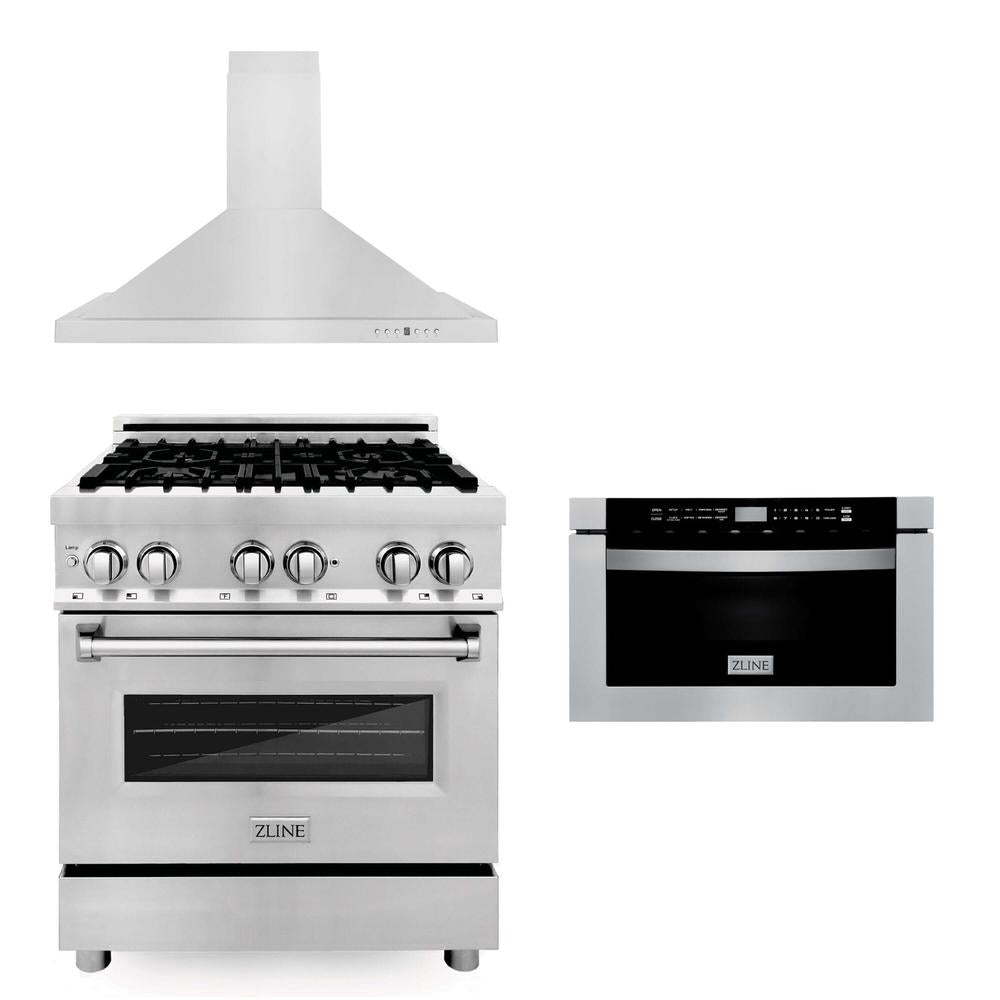 ZLINE 30 in. Kitchen Package Dual Fuel Range, Range Hood and