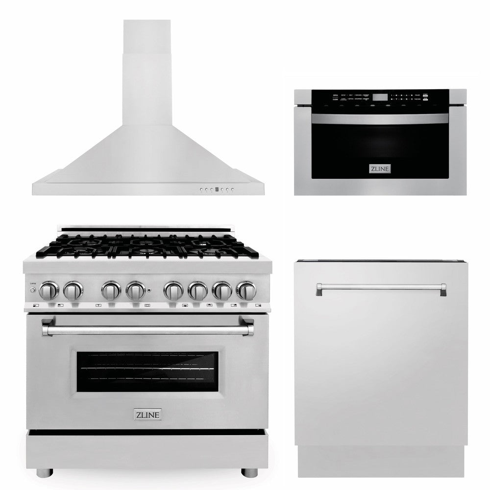 ZLINE 36 in. 4 Piece Kitchen Package with Stainless Steel Dual Fuel Range, Range Hood, Microwave Drawer and Tall Tub Dishwasher (4KP-RARH36-MWDWV)