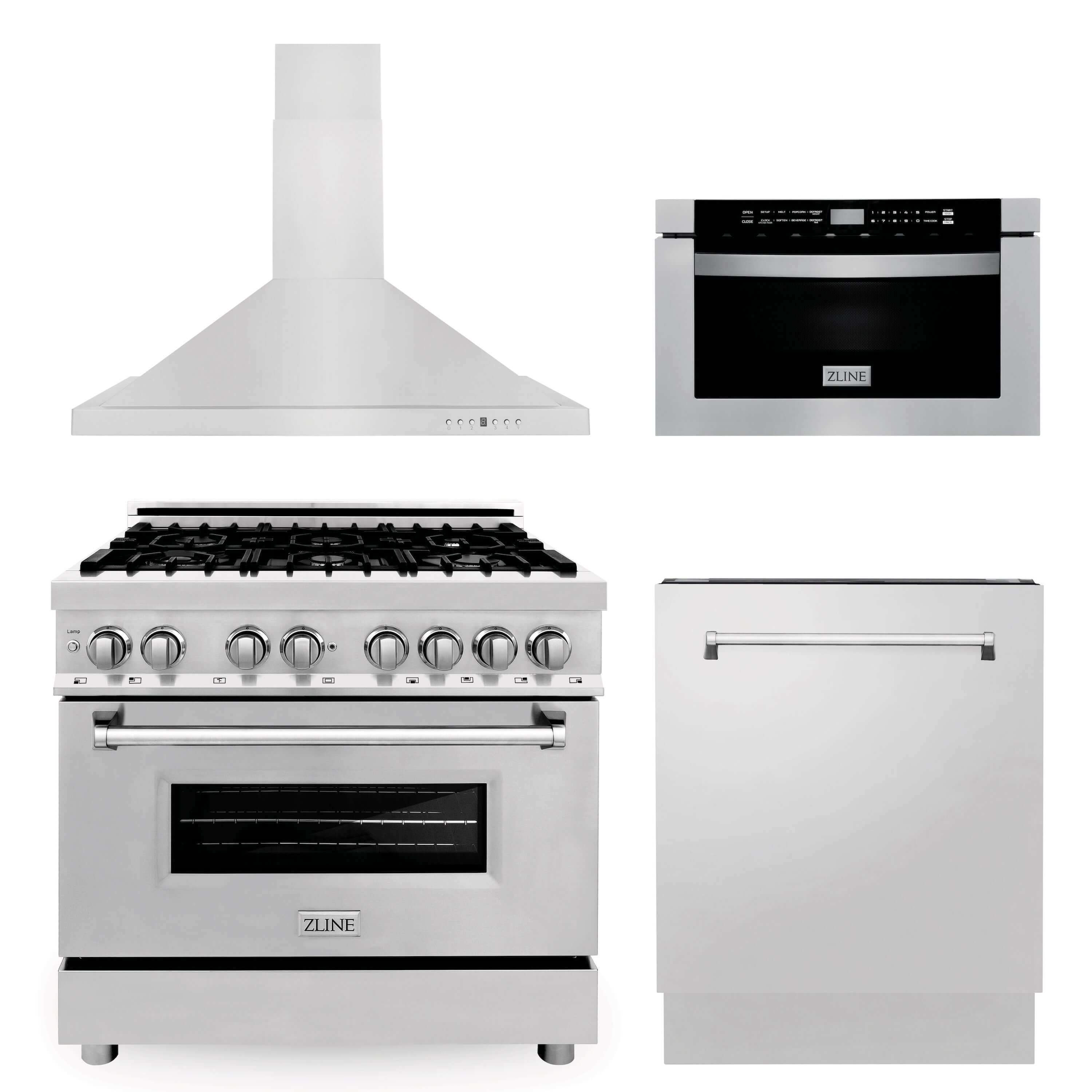 ZLINE 36 in. 4 Piece Kitchen Package with Stainless Steel Dual Fuel Range, Range Hood, Microwave Drawer and Classic Dishwasher (4KP-RARH36-MWDW)