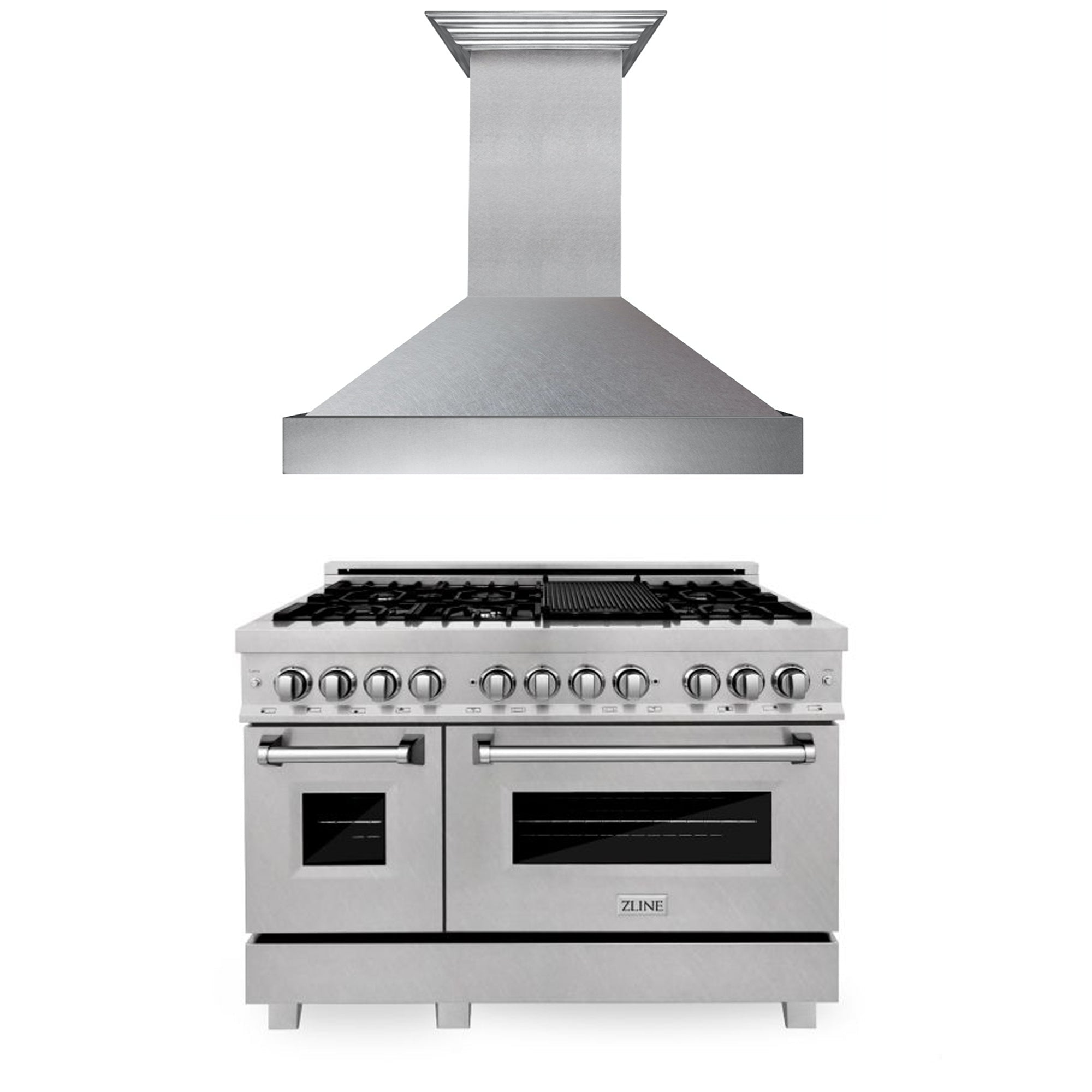 ZLINE 48 in. Kitchen Package with DuraSnow® Stainless Steel Dual Fuel Range and Convertible Vent Range Hood (2KP-RASSNRH48) 