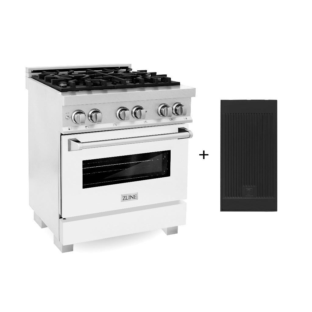 ZLINE 30 in. 4.0 cu. ft. Legacy Dual Fuel Range with 4 Burner Gas Cooktop and Electric Convection Oven in DuraSnow® Stainless Steel with White Matte Door and Griddle (RAS-WM-GR-30)