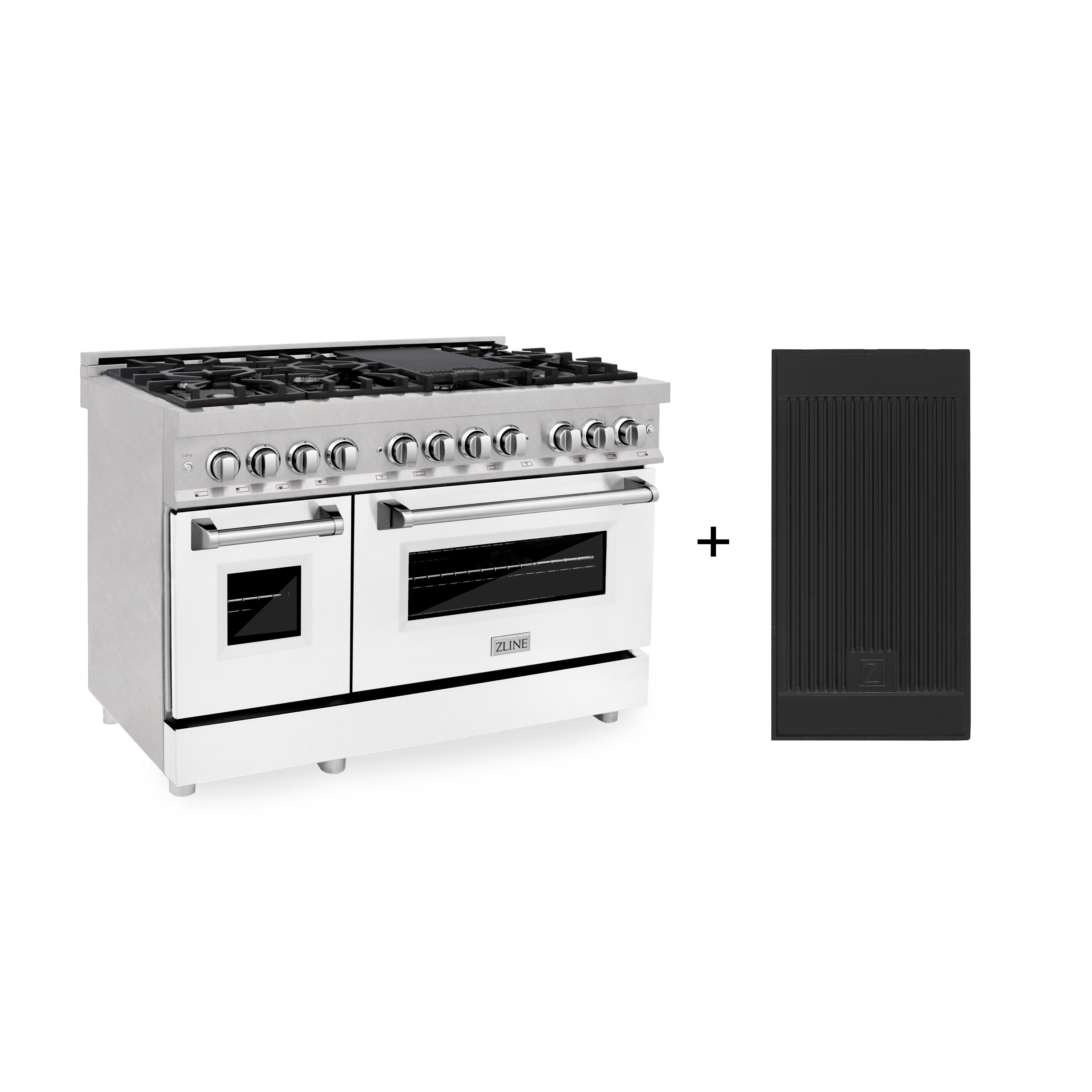 ZLINE 48 in. 6.0 cu. ft. Legacy Dual Fuel Range with 7 Burner Gas Cooktop and 2 Electric Ovens in DuraSnow® Stainless Steel with White Matte Doors and Griddle (RAS-WM-GR-48)