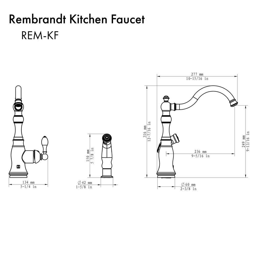 ZLINE Rembrandt Kitchen Faucet Specifications Diagram