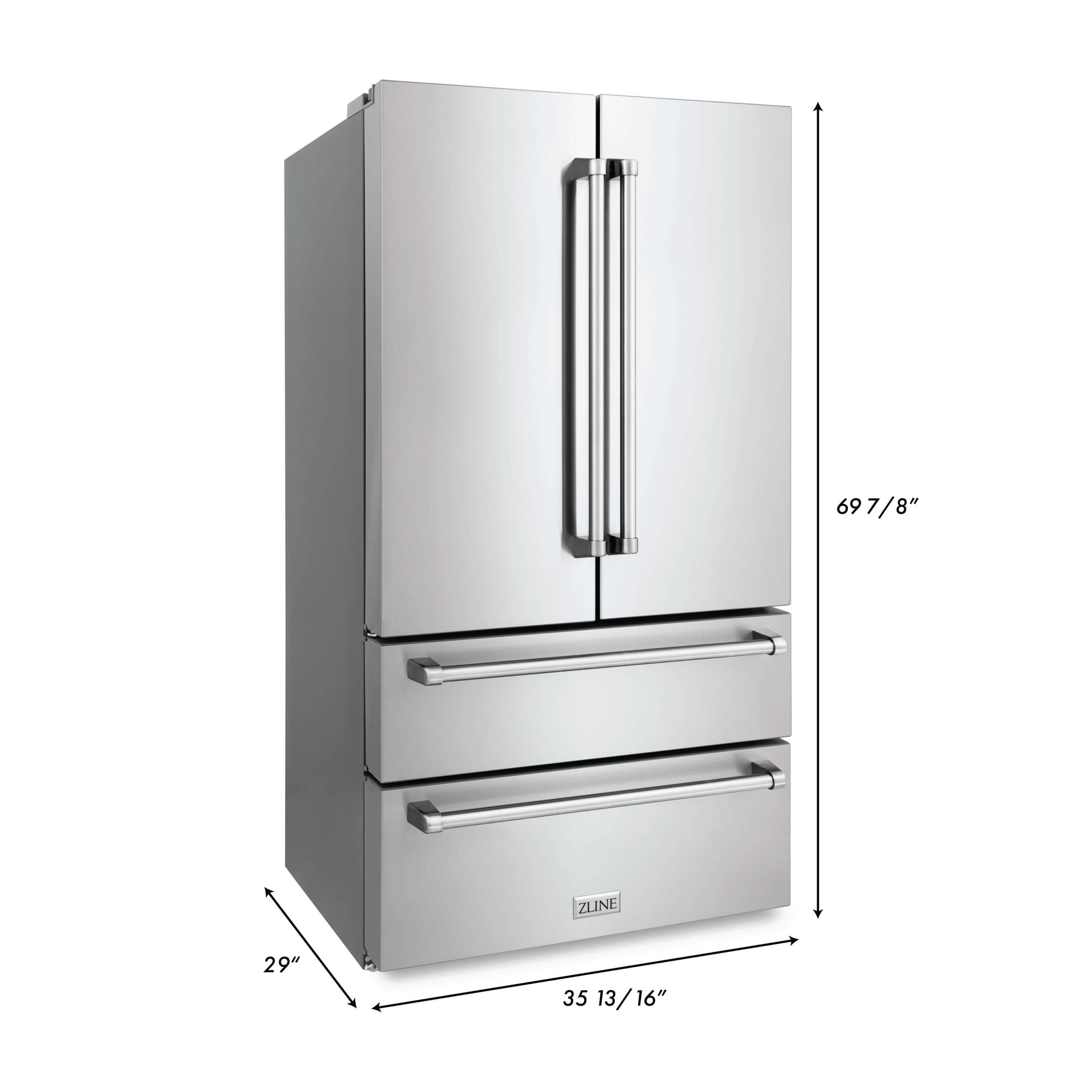 ZLINE 36 in. Freestanding French Door Refrigerator with Ice Maker in Fingerprint Resistant Stainless Steel (RFM-36) dimensional diagram with measurements.