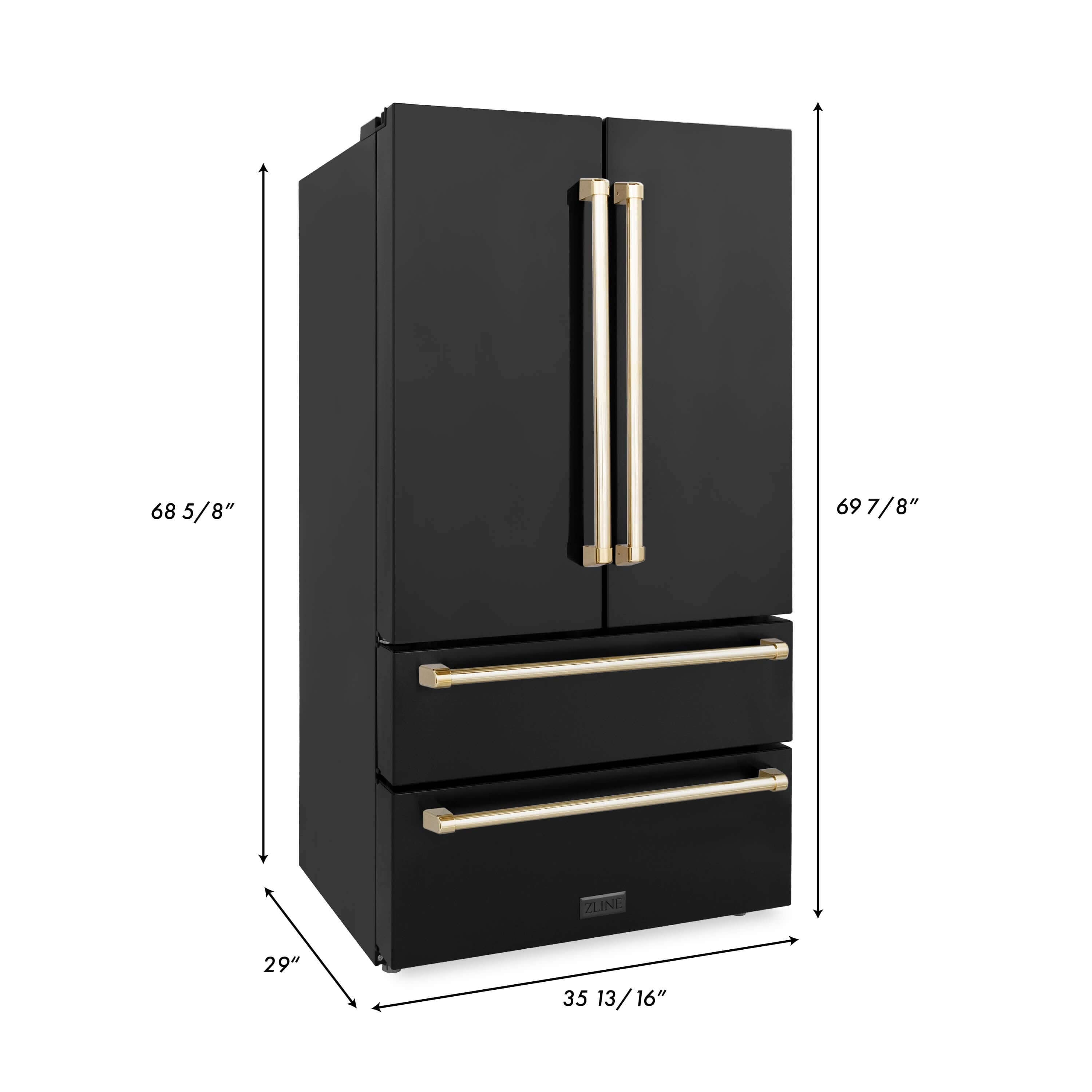 ZLINE Autograph Edition 36 in. Kitchen Package with Black Stainless Steel Dual Fuel Range, Range Hood, Dishwasher, and French Door Refrigerator with Polished Gold Accents (4AKPR-RABRHDWV36-G) dimensional diagram with measurements.
