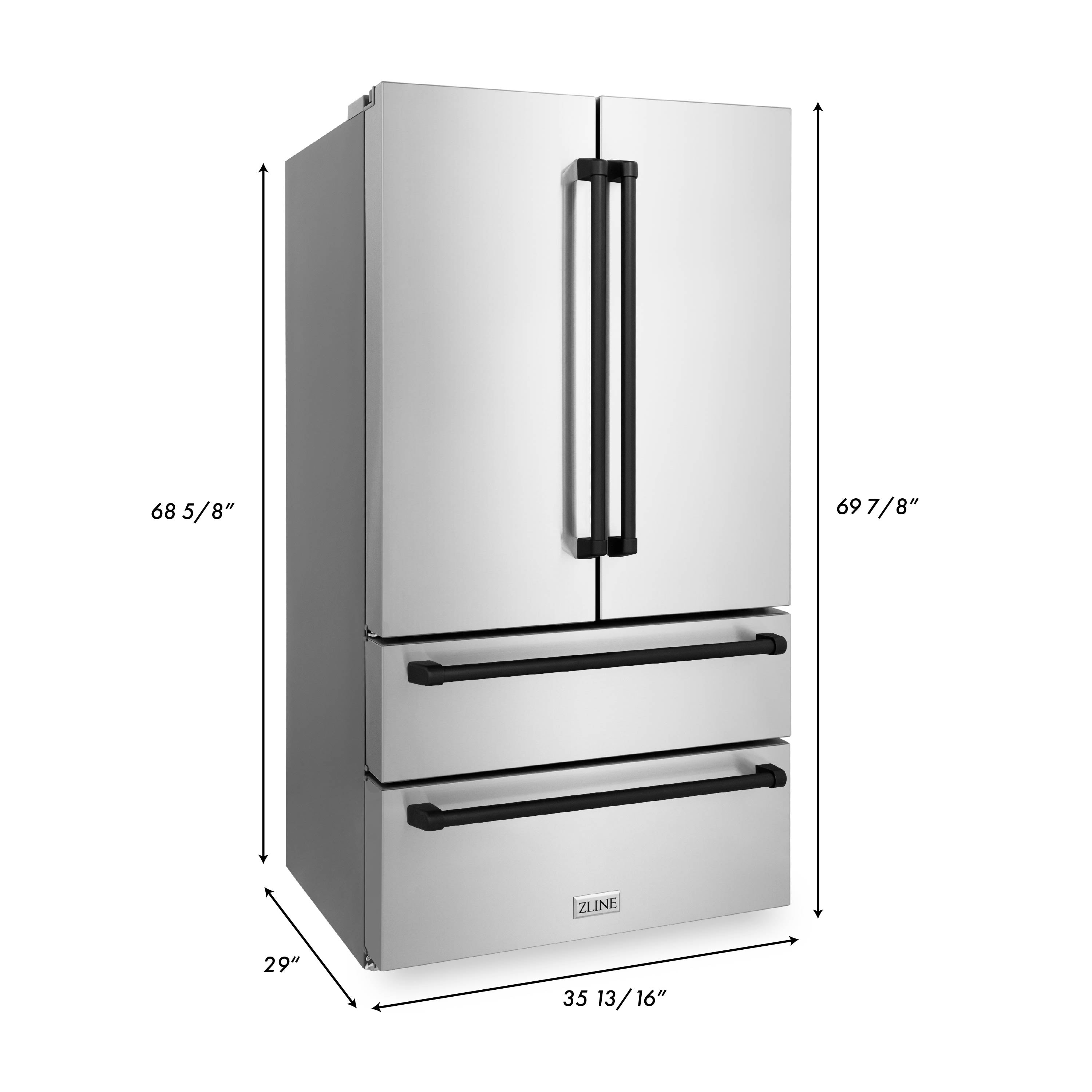 ZLINE Autograph Edition 36 in. Kitchen Package with Stainless Steel Dual Fuel Range, Range Hood, Dishwasher and Refrigerator with Matte Black Accents (4KAPR-RARHDWM36-MB) dimensional diagram with measurements.