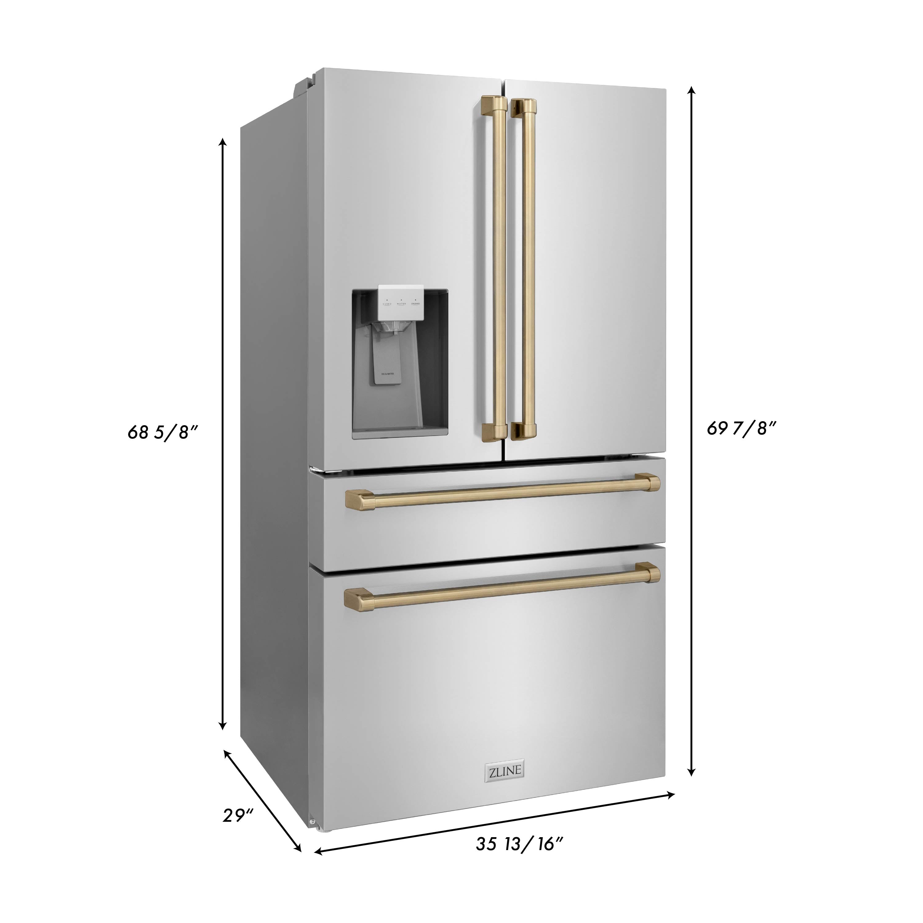 ZLINE Autograph Edition 36" French Door Refrigerator with Water Dispenser (RFMHZ-W-36) dimensional measurements.