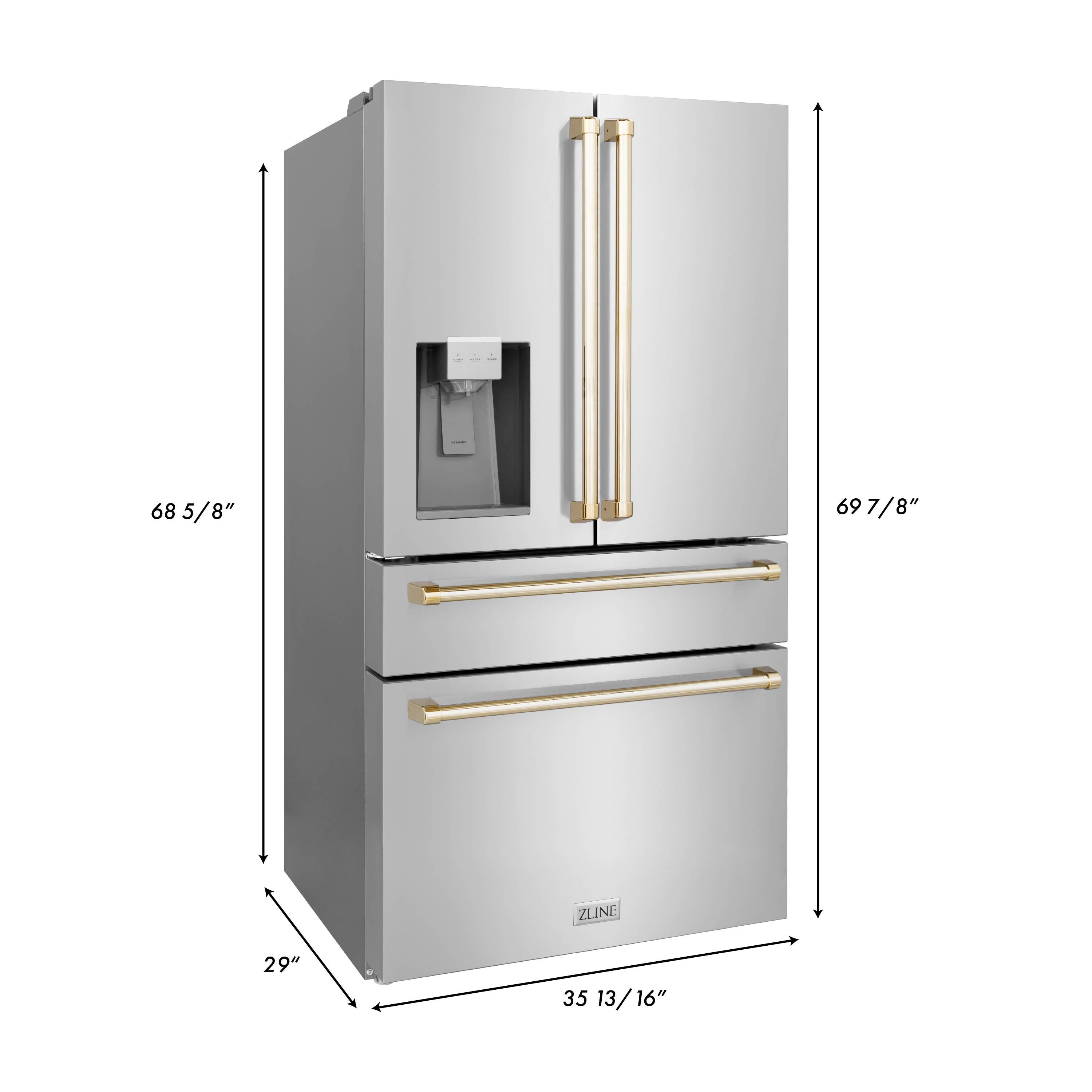 ZLINE Autograph Edition 36" French Door Refrigerator with Water Dispenser (RFMHZ-W-36) dimensional measurements.