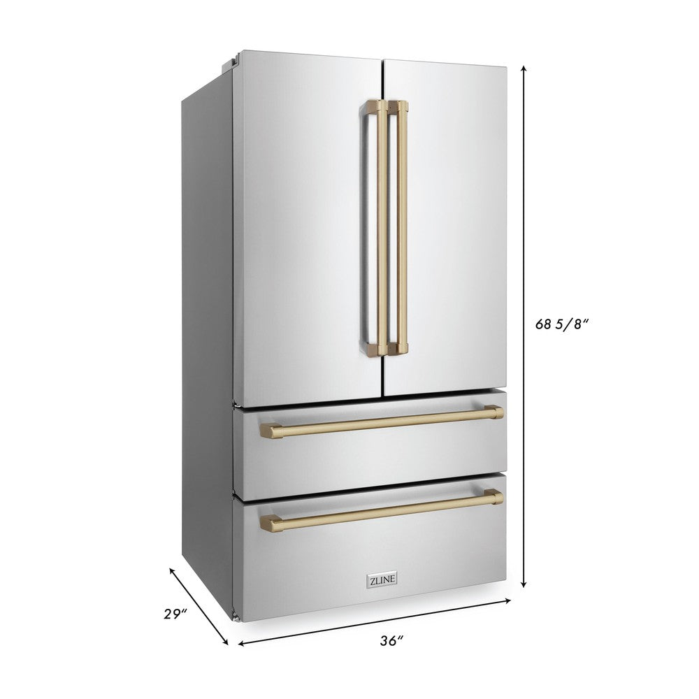 ZLINE 36 in. Autograph Edition 22.5 cu. ft Freestanding French Door Refrigerator with Ice Maker in Fingerprint Resistant Stainless Steel with Champagne Bronze Accents (RFMZ-36-CB) Dimensions.
