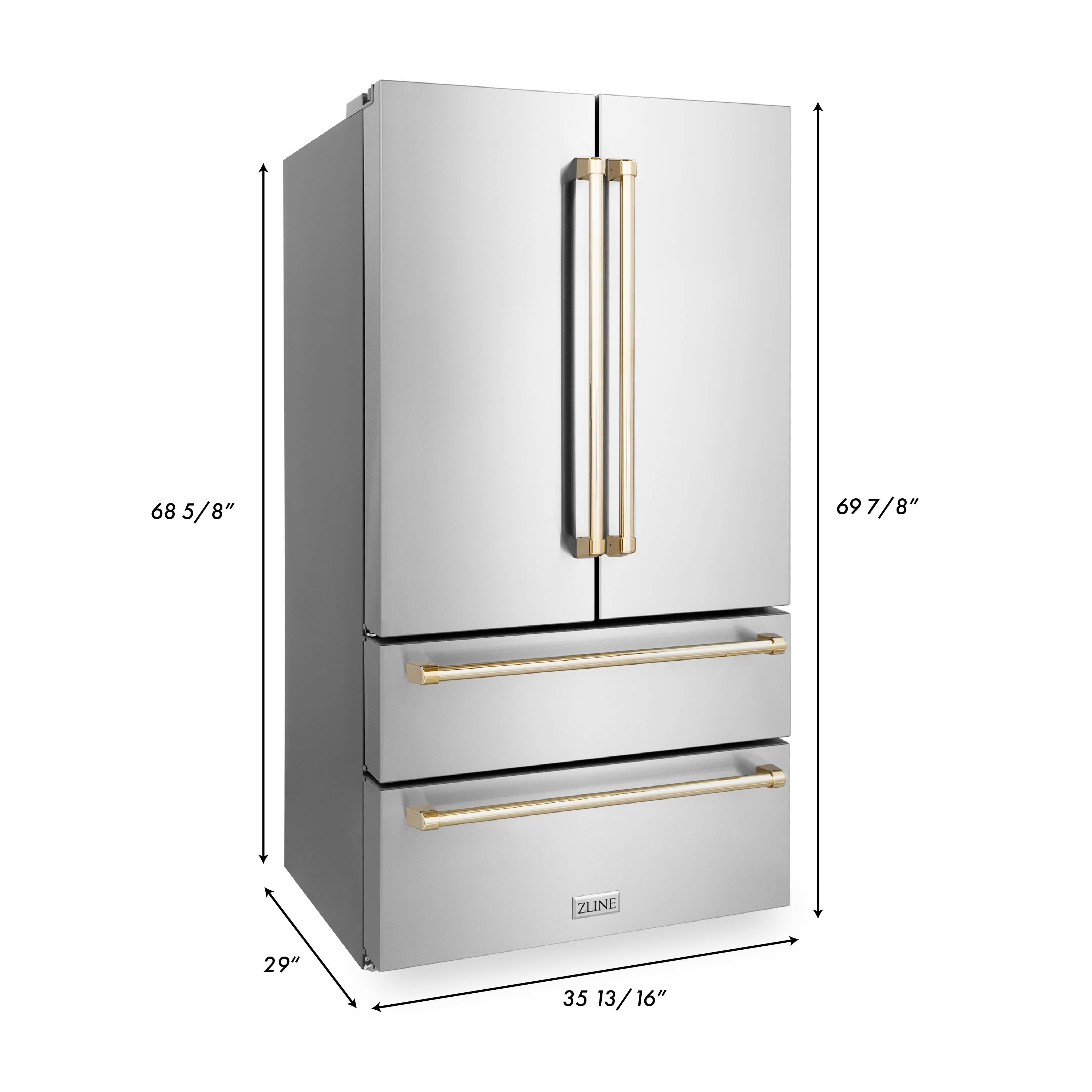 ZLINE Autograph Edition 36 in. Kitchen Package with Stainless Steel Dual Fuel Range, Range Hood, Dishwasher and Refrigeration with Polished Gold Accents (4KAPR-RARHDWM36-G) dimensional diagram with measurements.