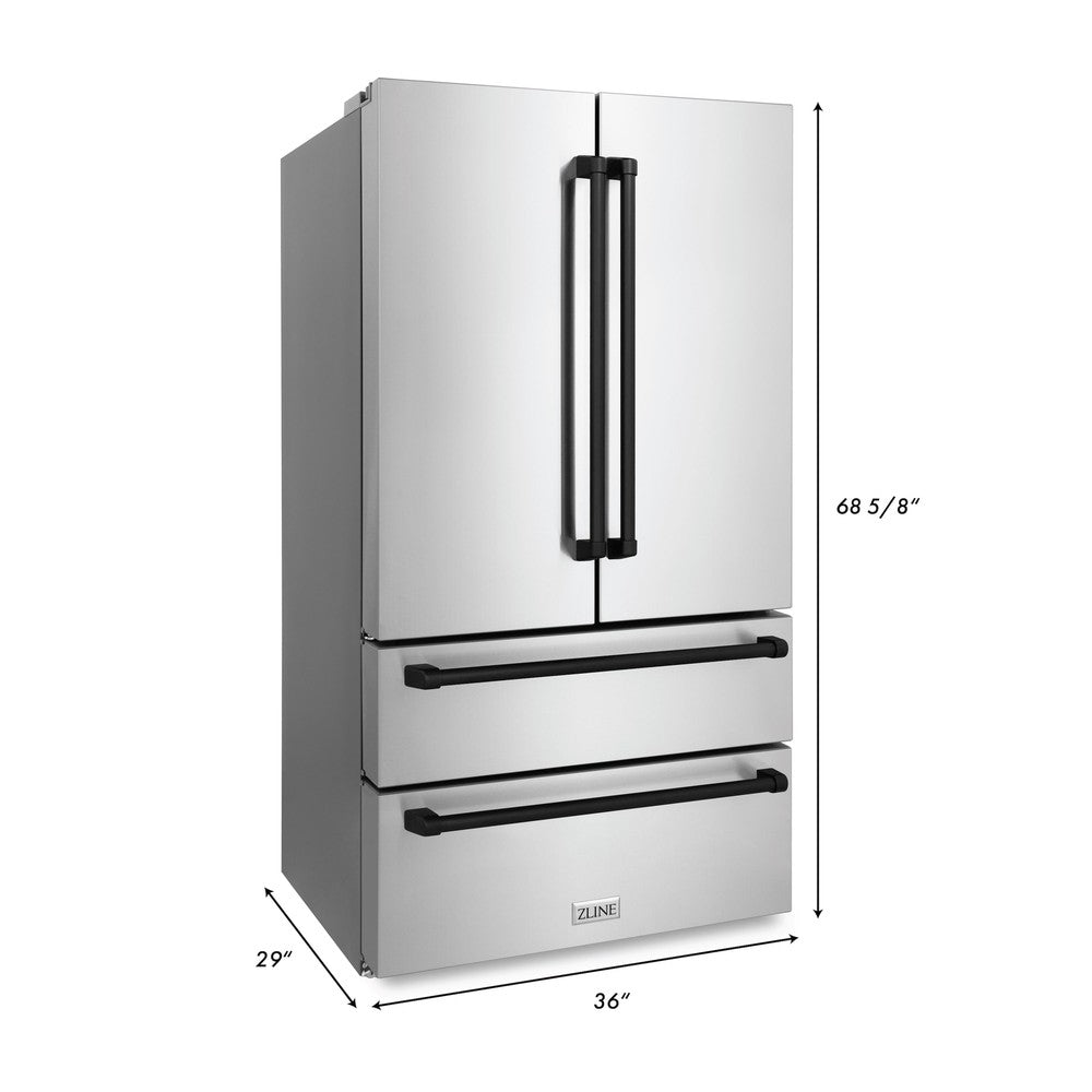 ZLINE Autograph Edition 30 in. Kitchen Package with Stainless Steel Dual Fuel Range, Range Hood, Dishwasher, and French Door Refrigerator with Matte Black Accents (4KAPR-RARHDWM30-MB) dimensional diagram with measurements.