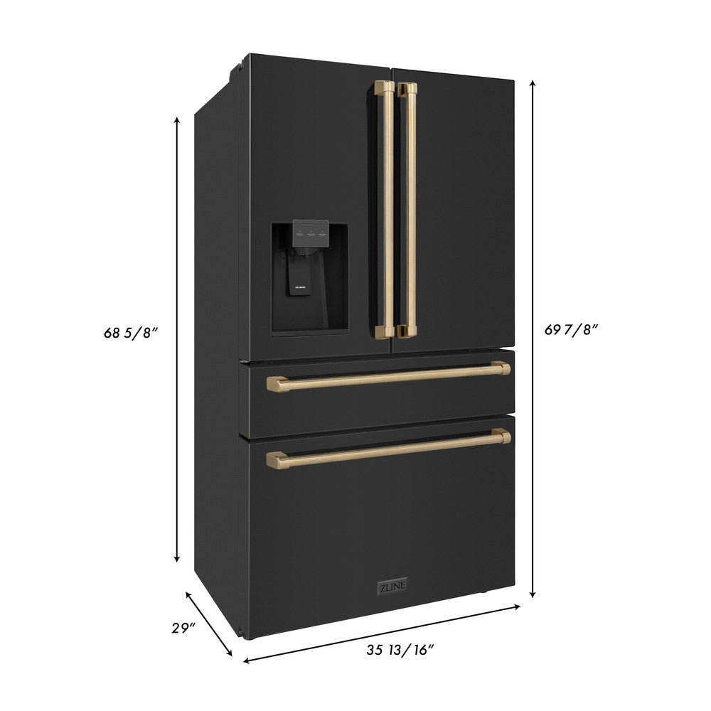 ZLINE 36 in. Autograph Edition 22.5 cu. ft Freestanding French Door Refrigerator with Ice Maker in Fingerprint Resistant Black Stainless Steel with Accents (RFMZ-36-BS) Dimensions and Measurements.