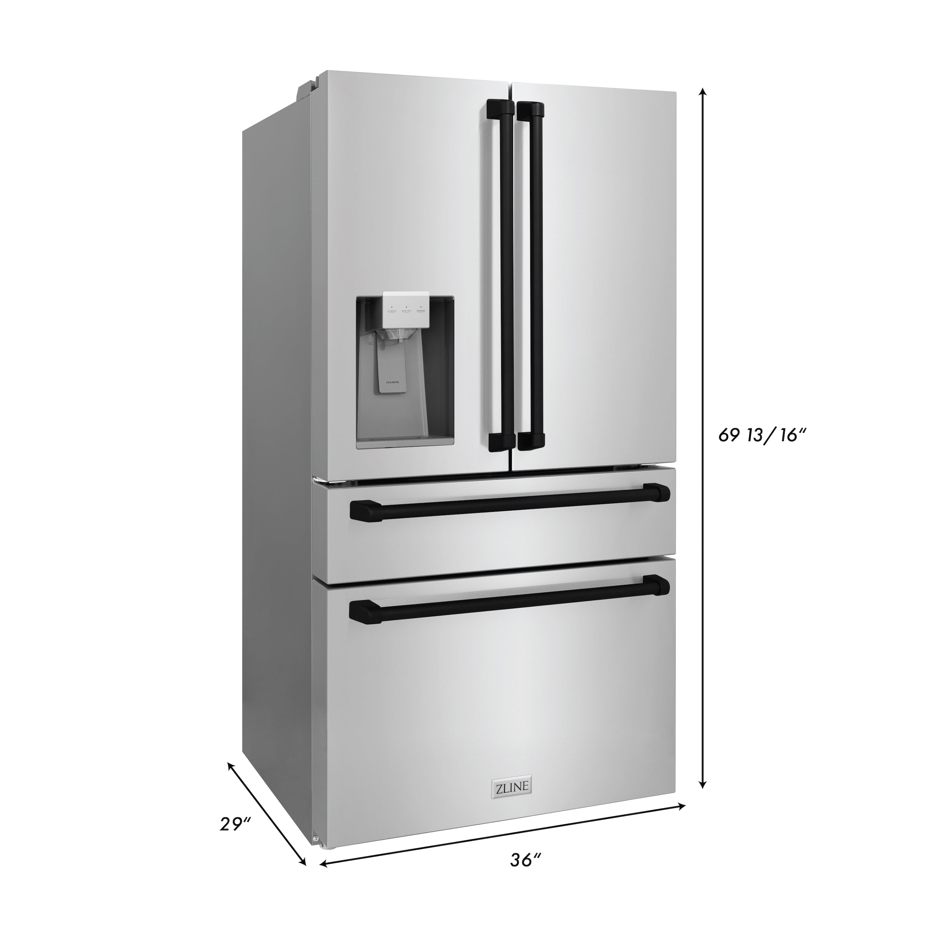 ZLINE Autograph Edition 36" French door refrigerator with water/ice dispenser dimensional measurements.