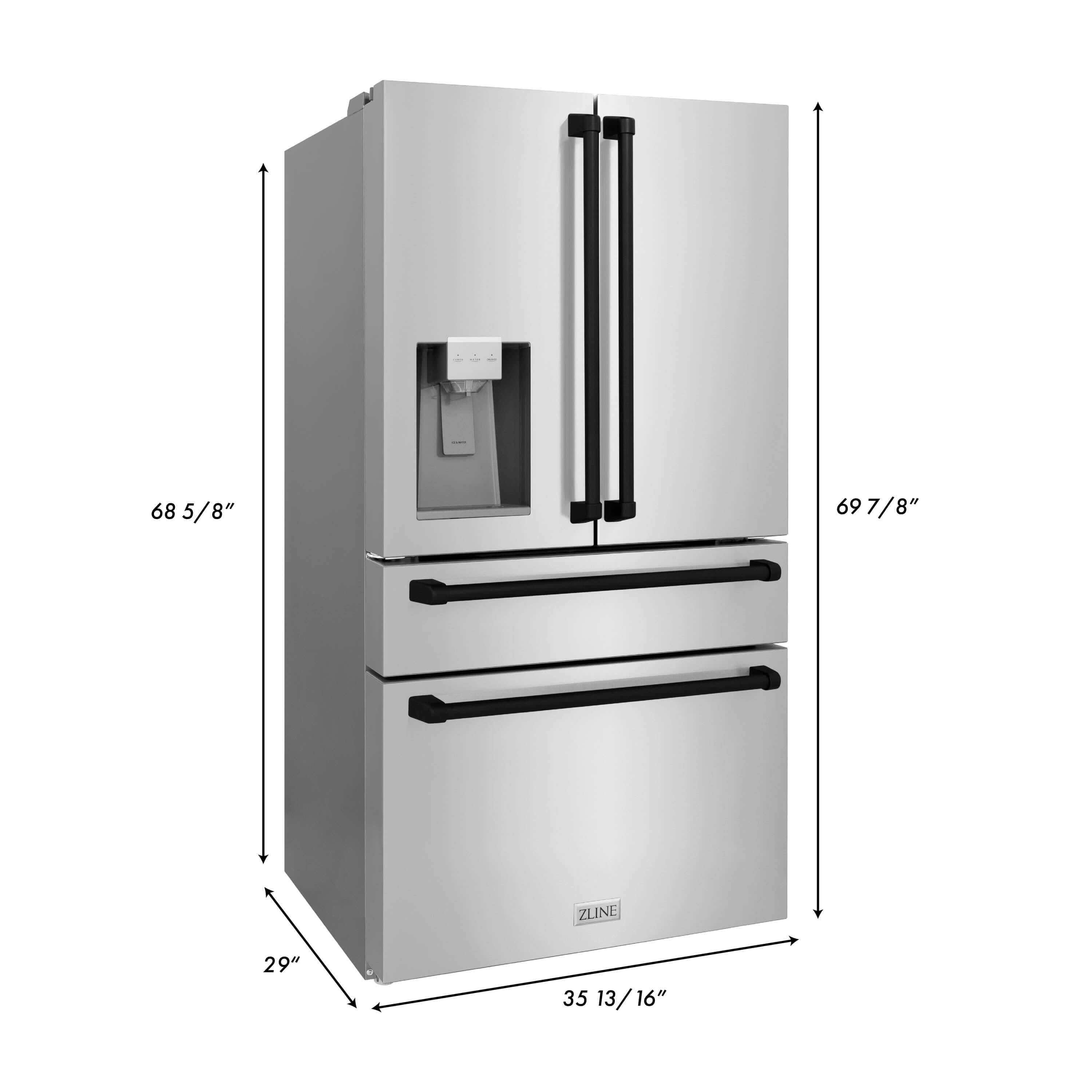 ZLINE Autograph Edition 36" French door refrigerator with water/ice dispenser dimensional measurements.