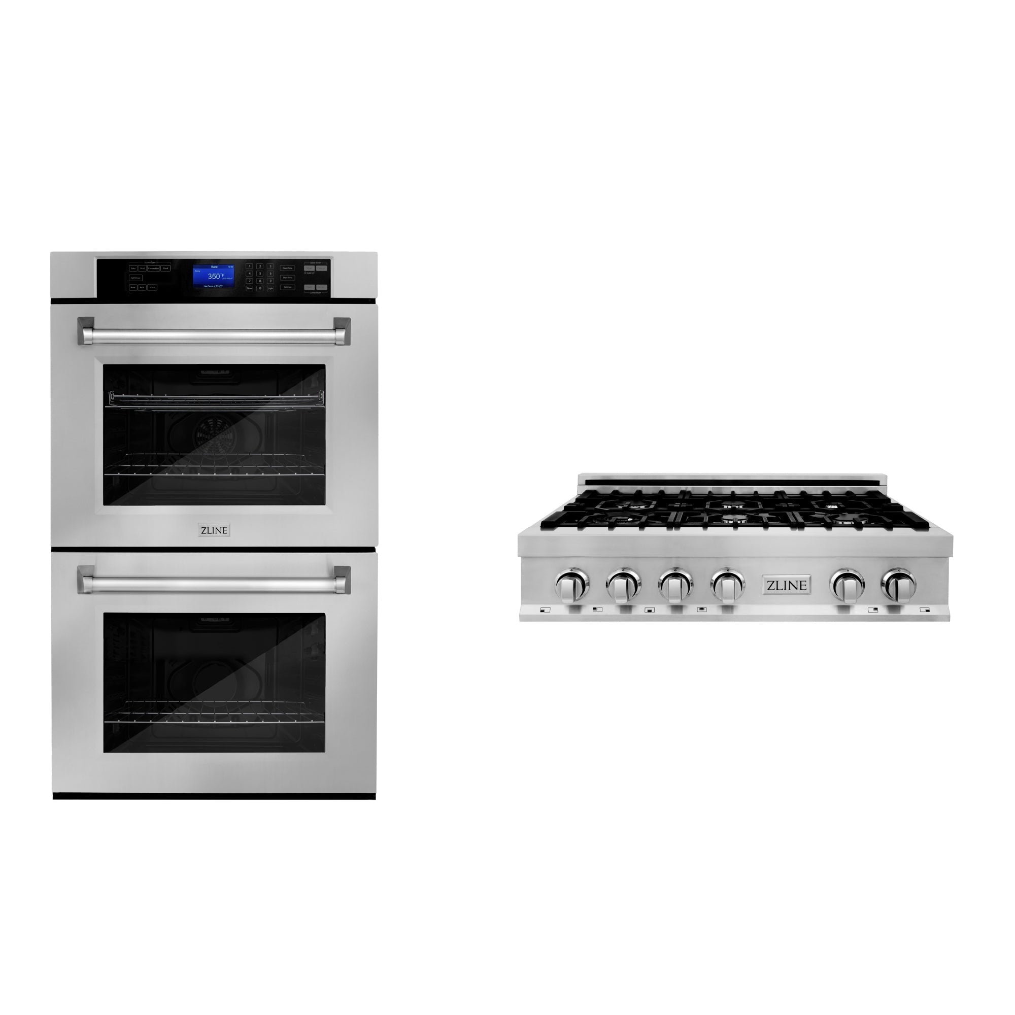 ZLINE Kitchen Package with 36 in. Stainless Steel Rangetop and 30 in. Double Wall Oven (2KP-RTAWD36) front.