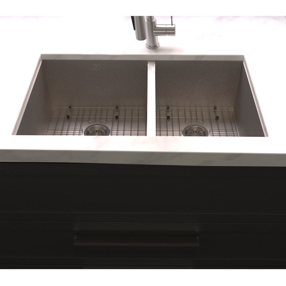 ZLINE Double Bowl Kitchen sink in modern luxury kitchen with white marble countertops showing 60/40 ratio.