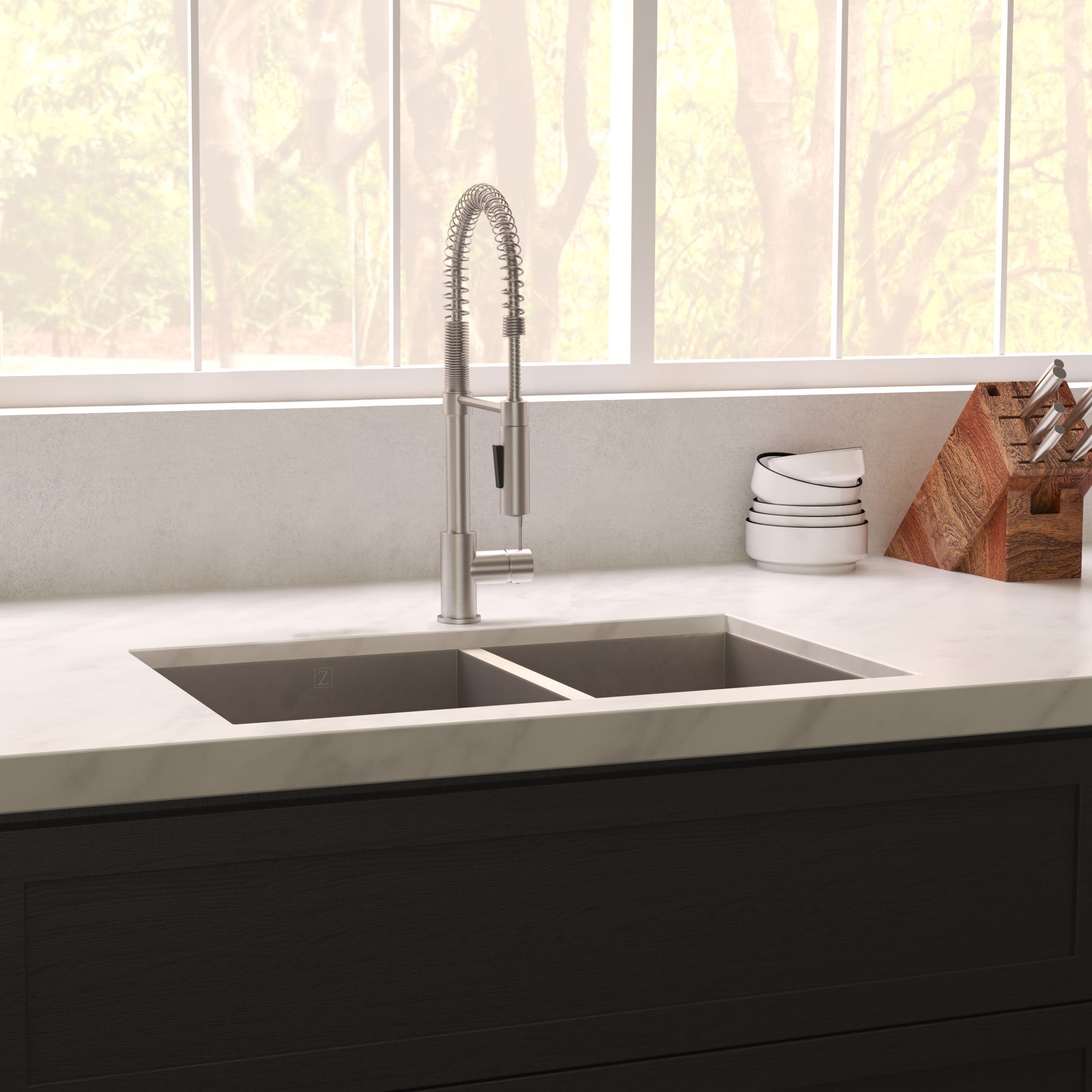 ZLINE Double Bowl Kitchen sink in modern luxury kitchen with white marble countertops.