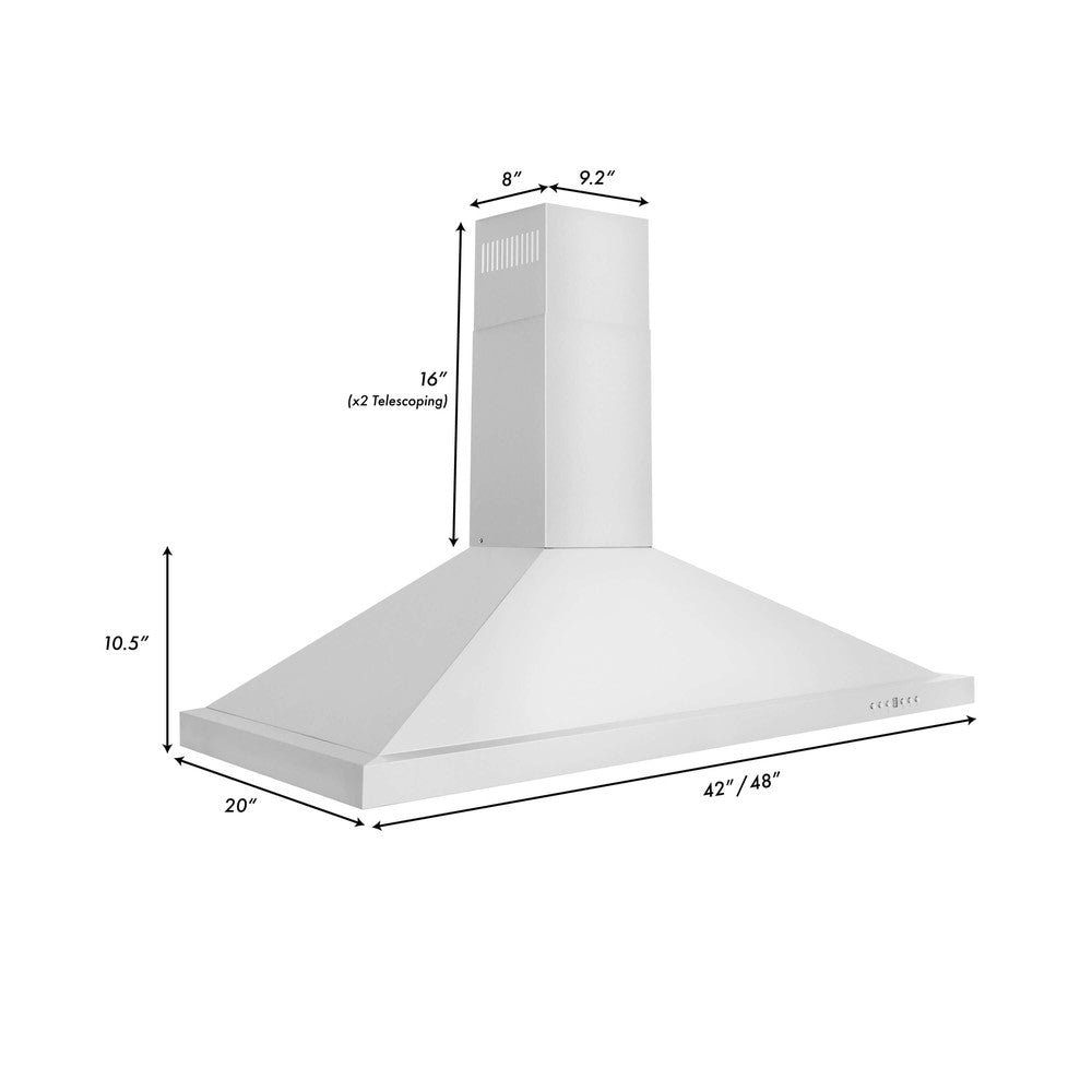 ZLINE Convertible Vent Wall Mount Range Hood in Stainless Steel (KB) 42-inch and 48-inch dimensional diagram and measurements.