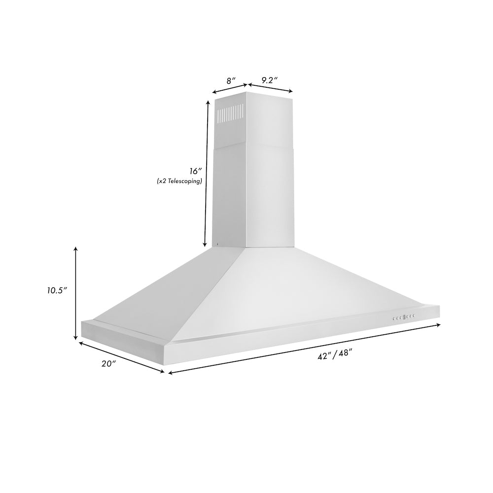ZLINE Convertible Vent Wall Mount Range Hood in Stainless Steel (KB) 42-inch and 48-inch measurements and dimensions