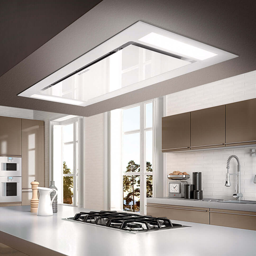 Faber Stratus Isola White Glass Ceiling Mount Island Range Hood With Size Options