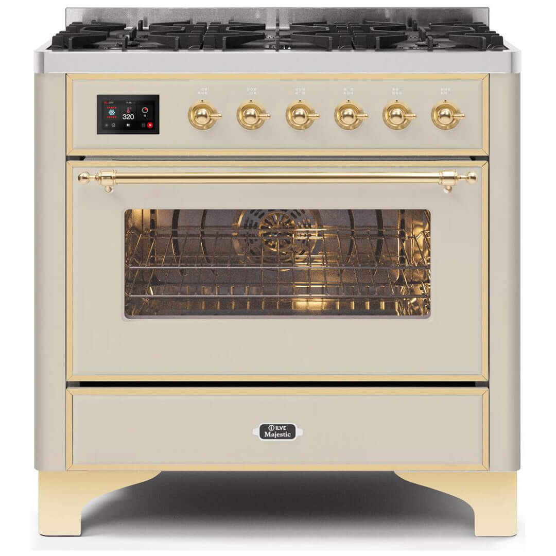 ILVE 36 in. Majestic II Series Freestanding Dual Fuel Single Oven Range with Color and Gas Options (UM096DNS3) with Antique White Door and Finish and Brass Accents
