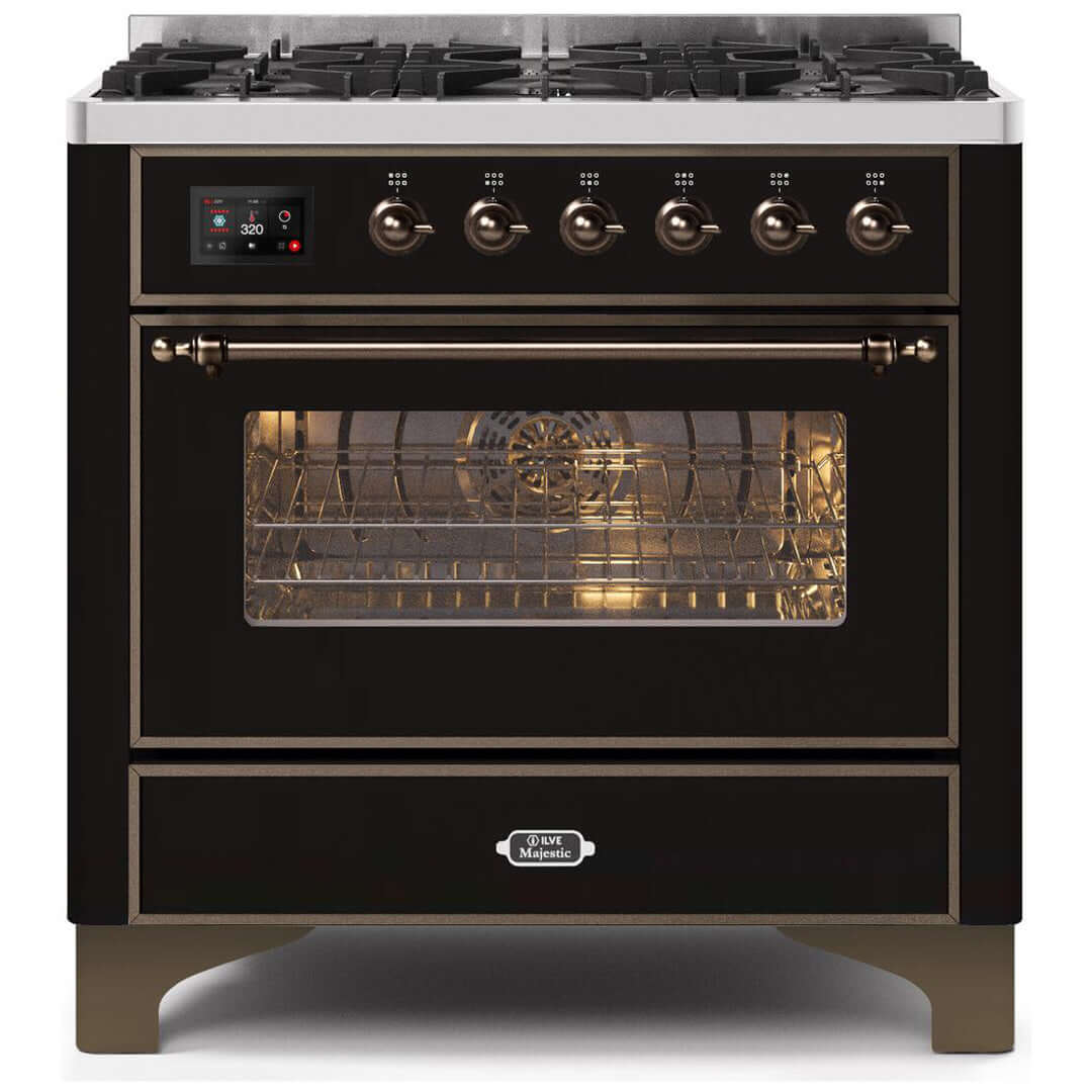 ILVE 36 in. Majestic II Series Freestanding Dual Fuel Single Oven Range with Color and Gas Options (UM096DNS3) with Glossy Black Door and Finish and Bronze Accents