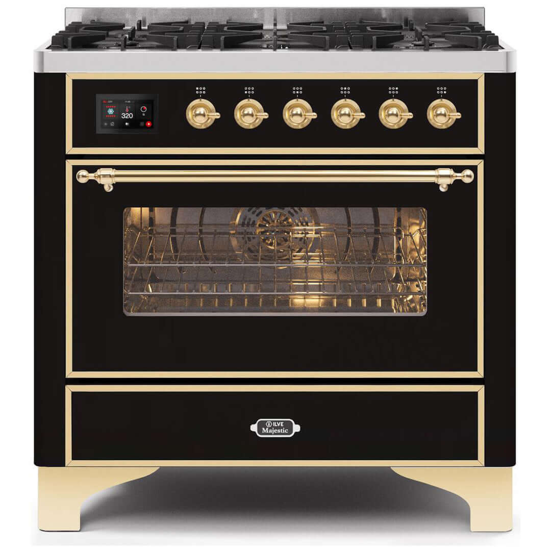 ILVE 36 in. Majestic II Series Freestanding Dual Fuel Single Oven Range with Color and Gas Options (UM096DNS3) with Glossy Black Door and Finish and Brass Accents
