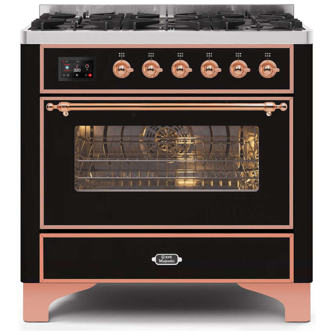 ILVE 36 in. Majestic II Series Freestanding Dual Fuel Single Oven Range with Color and Gas Options (UM096DNS3) with Glossy Black Door and Finish and Copper Accents