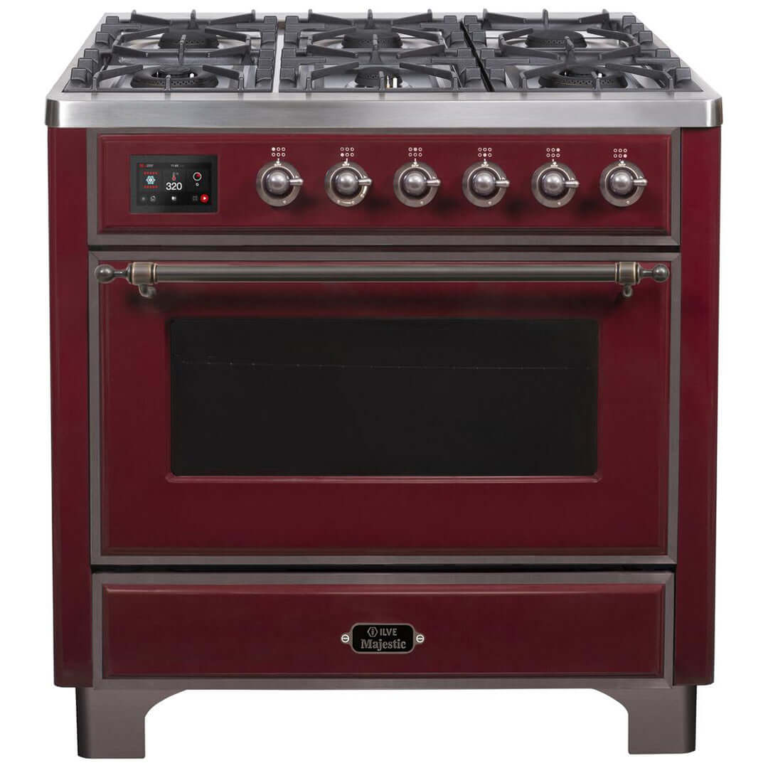 ILVE 36 in. Majestic II Series Freestanding Dual Fuel Single Oven Range with Color and Gas Options (UM096DNS3) with Burgundy Door and Finish and Bronze Accents