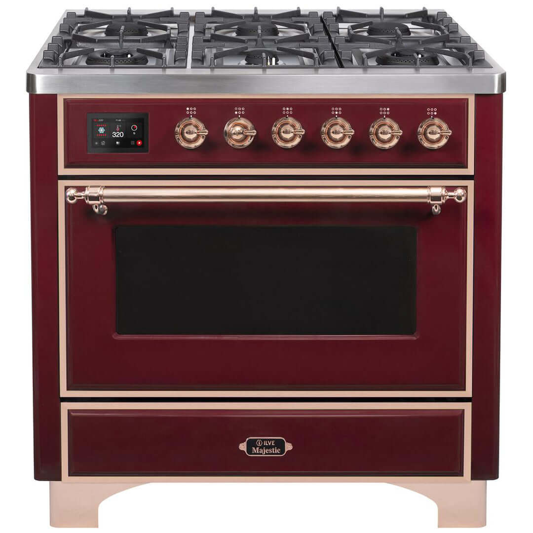ILVE 36 in. Majestic II Series Freestanding Dual Fuel Single Oven Range with Color and Gas Options (UM096DNS3) with Burgundy Door and Finish and Chrome Accents